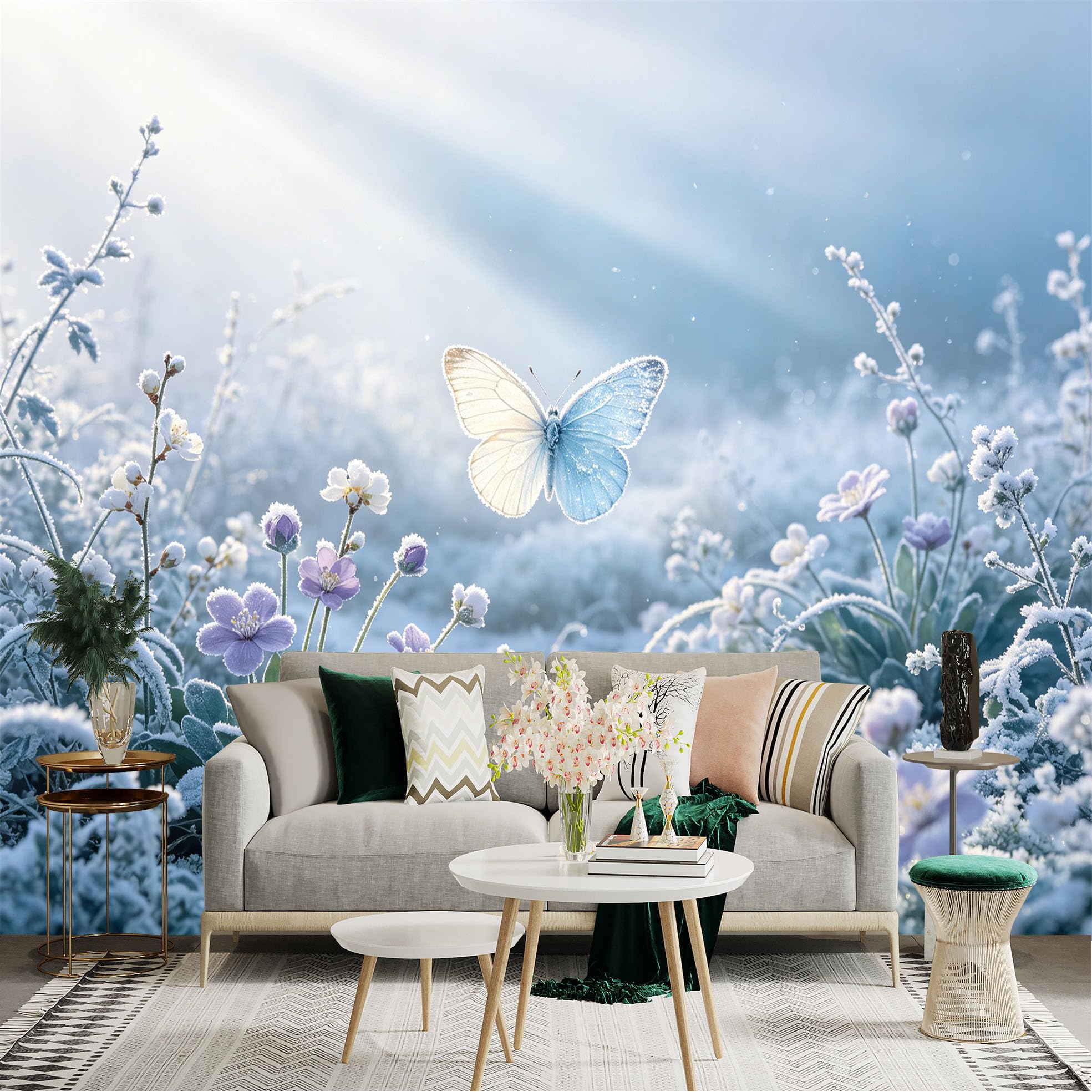 Lnzczhyre Bh260719263 Custom Size Wall Sticker Mural， Frosty Winter Meadow， Glowing Blue Butterfly， Frozen Flowers， Soft Sunlight， For Wall Decoration， Peelandstick Wall Decals.