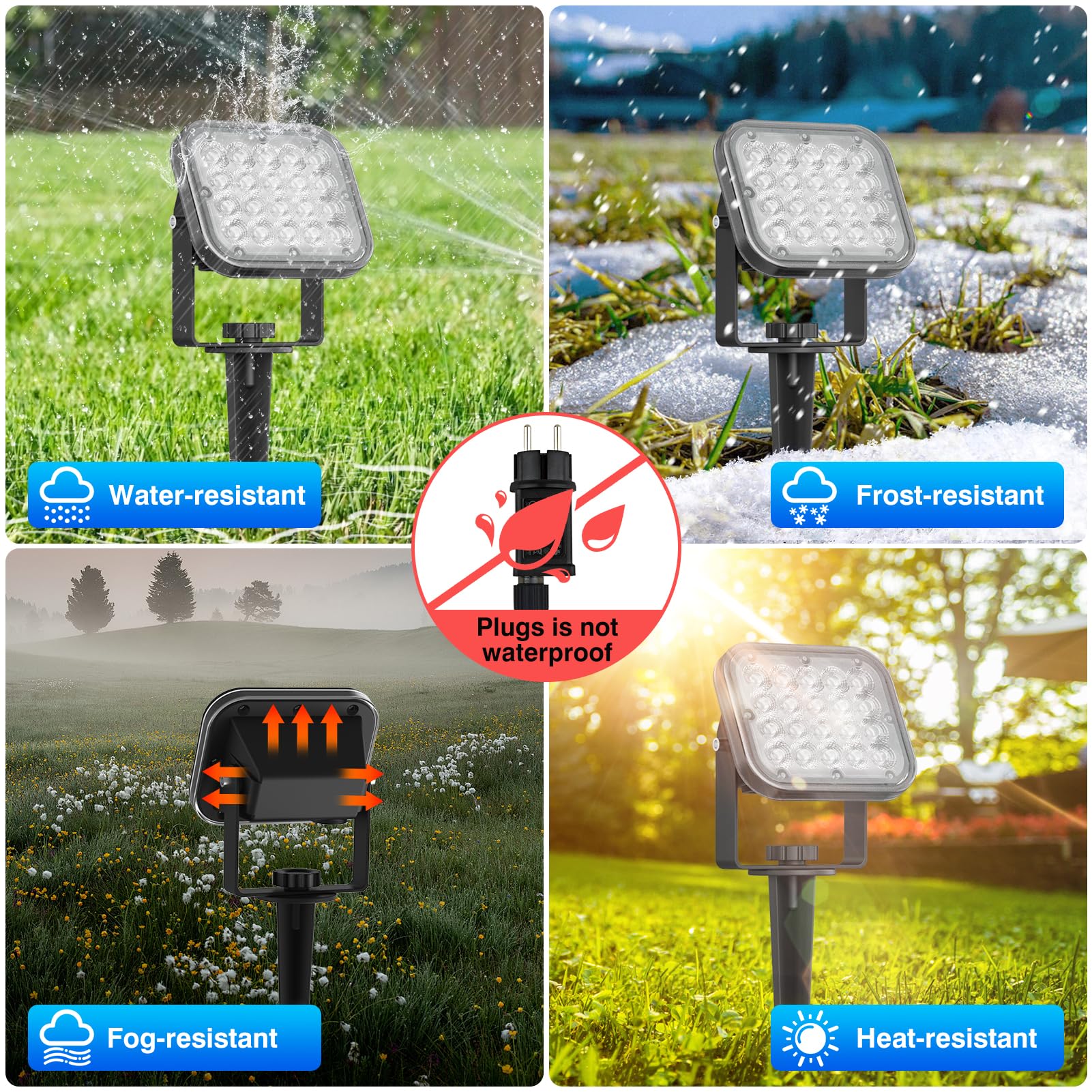 NATPOW faretto led da esterno, 4 in 1 3000K faretto da giardino con picchetto, faretti led 12V con adattatore, impermeabile IP65 Illuminazione per sentiero, terrazza, decorazione della casa