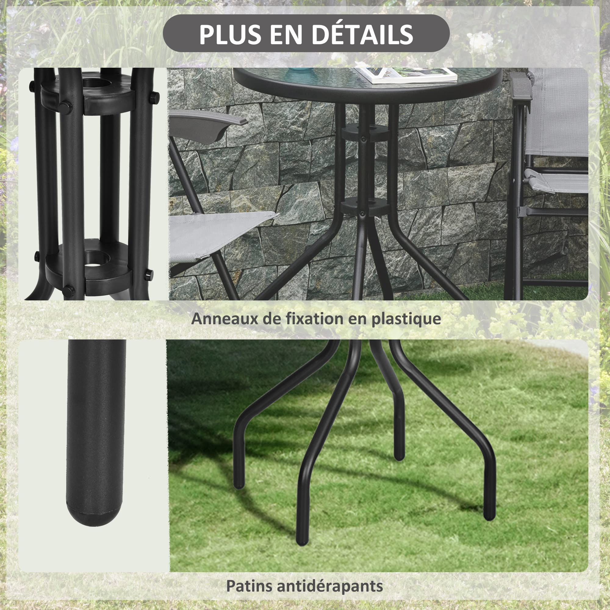 Outsunny Table Ronde Bistro de Jardin Extérieur Ø 60 x 70H cm Noir | Métal Époxy, Anticorrosion, Plateau Verre Trempé