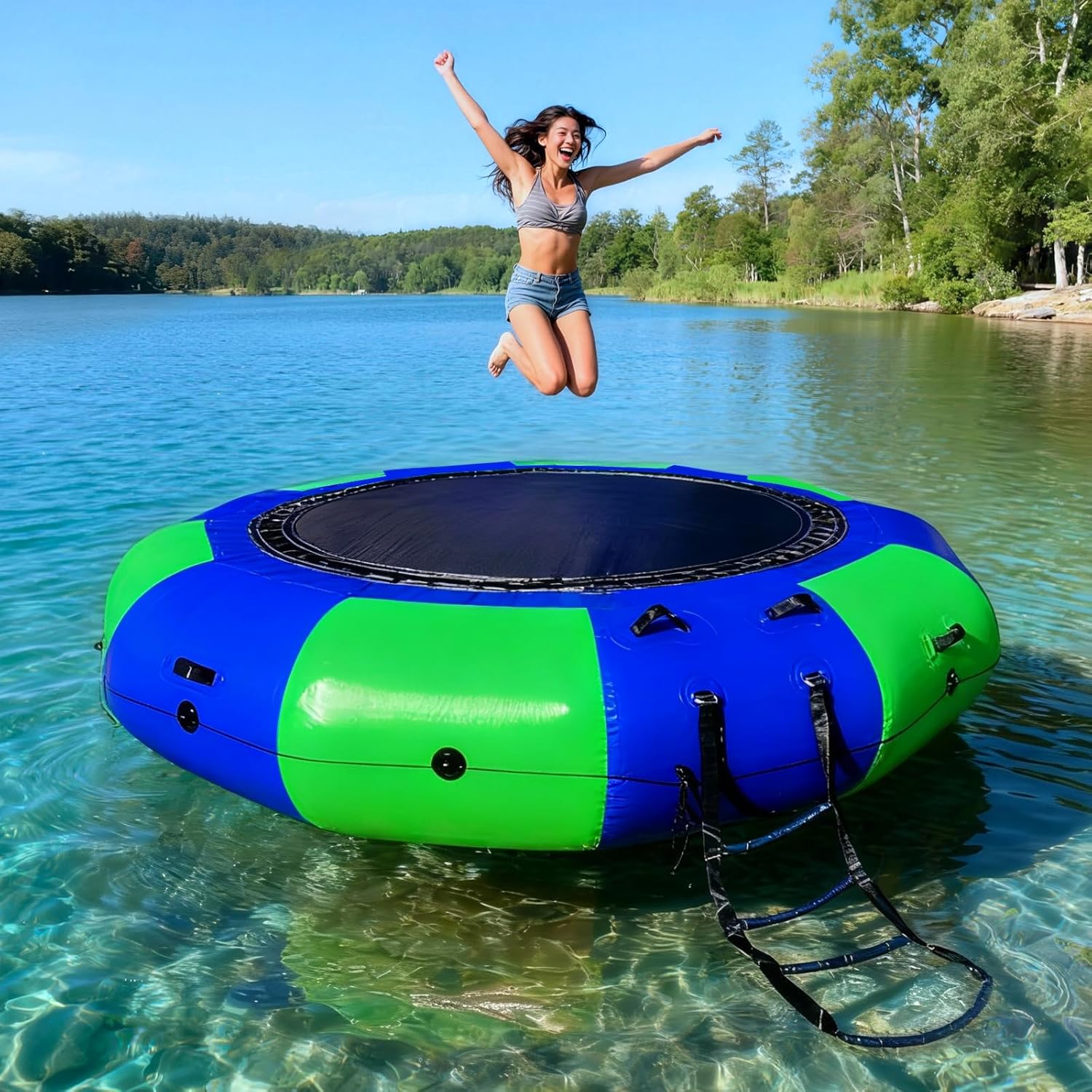 Inflatable Water Trampoline, 10FT Floating Platform for Lakes, Ponds, and Pools with Rope Ladder & Electric Pump for Quick Setup, Great for Kids & Adults
