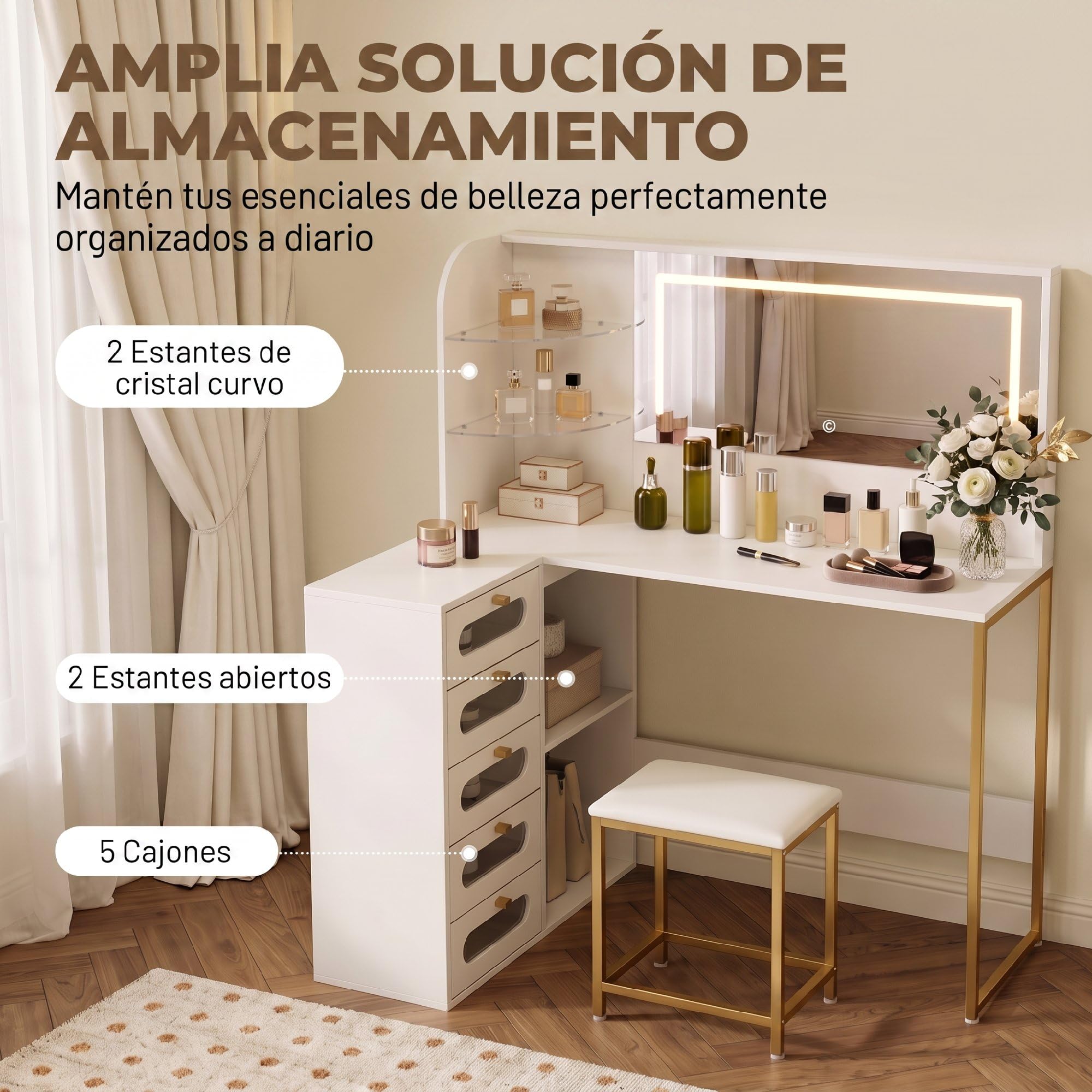 HOMCOM Tocador de Maquillaje con Espejo LED Regulables Taburete Blanco