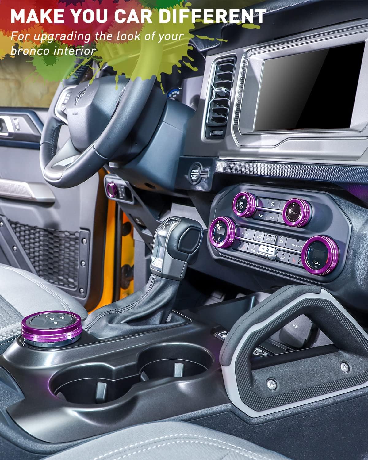 Savadicar CKT01 Billet Aluminum Control Knob Trim Sets, Headlight/4WD/HVAC Climate Control Knob Ring Bezels, Air Conditioner/Radio Switch Cover for 2021-2025 Ford Bronco, Interior Accessories, Purple image 2