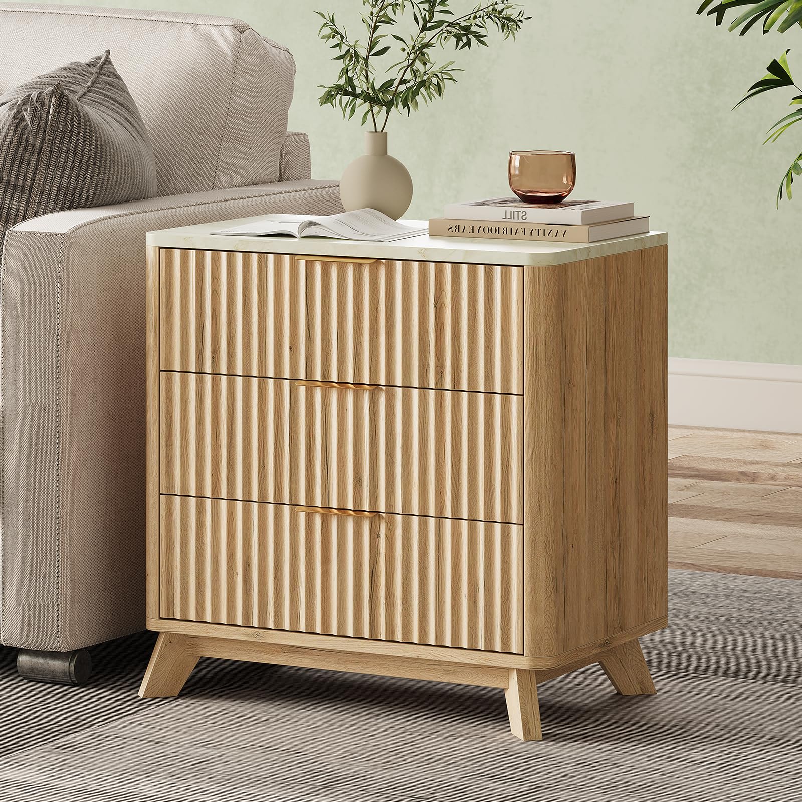 24" Tall Fluted NightStand?Modern Side Table with Faux Marble Top, 3 Drawers End Table w/Storage, Night Stand Wood Bedside Tables for Bedroom, Curved Profile Design, Natural Oak