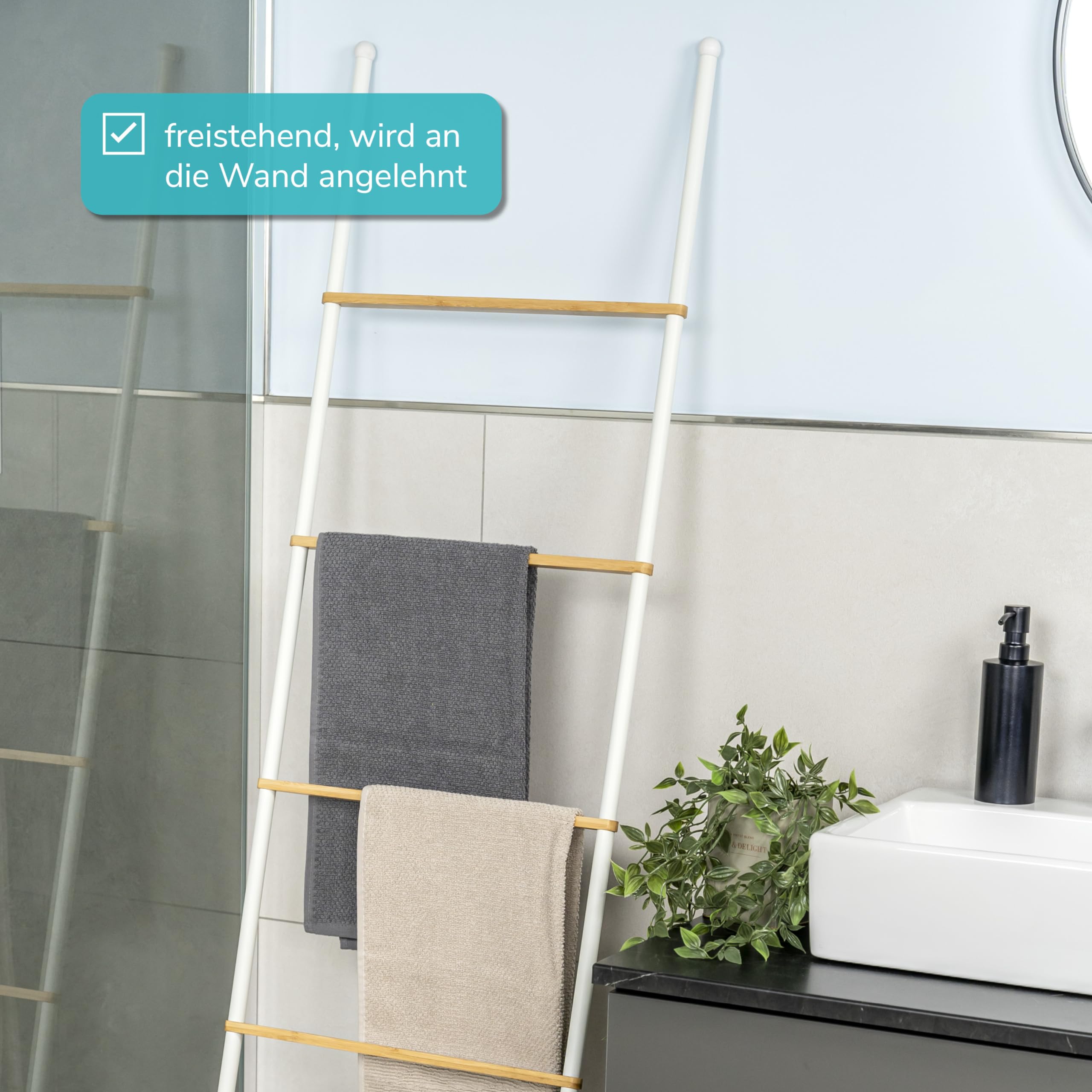 eluno Handtuchleiter, Handtuchhalter mit 5 Handtuchstangen aus Bambus & Metall (Weiß)