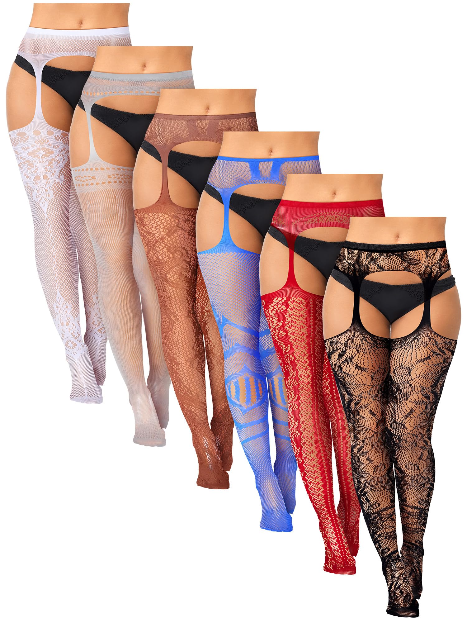 Jadive6 Pairs Women Plus Size Fishnet Stockings Black Thigh High Tights Fits XL-XXXXL Net Suspender Pantyhose Garter Belt