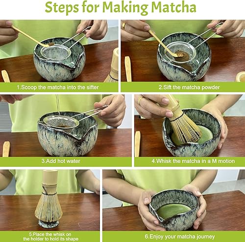 Miniatura 5 de Juego de 6 batidores de matcha, juego de 6 piezas  Chasen japonés tradicional, soporte para batidor de bambú, cuenco de cerámica con boquilla, tamiz