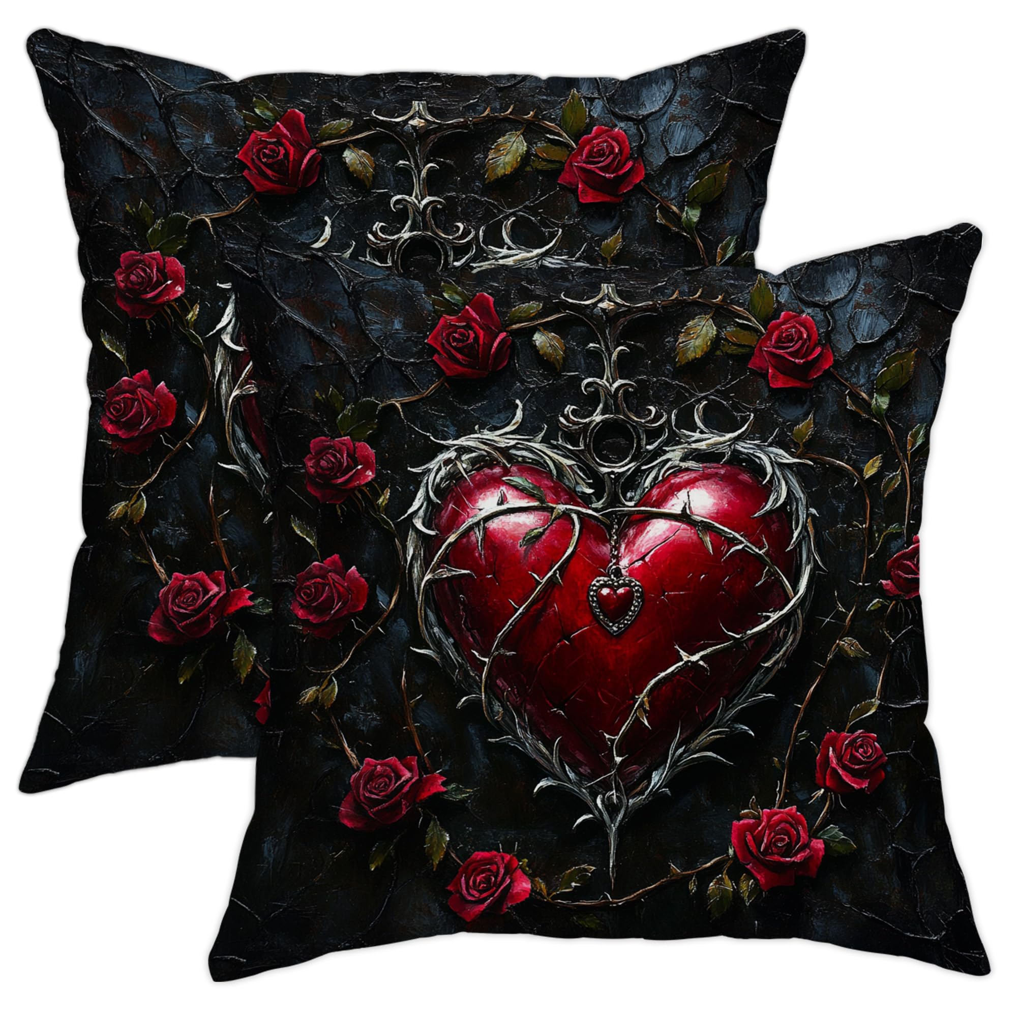 Gothic Heart Pillow Covers Set of 2, Dark Red Rose Decorative Throw Cushion Cases, Spooky Halloween Home Decor for Sofa Couch Bed 18x18 Inch