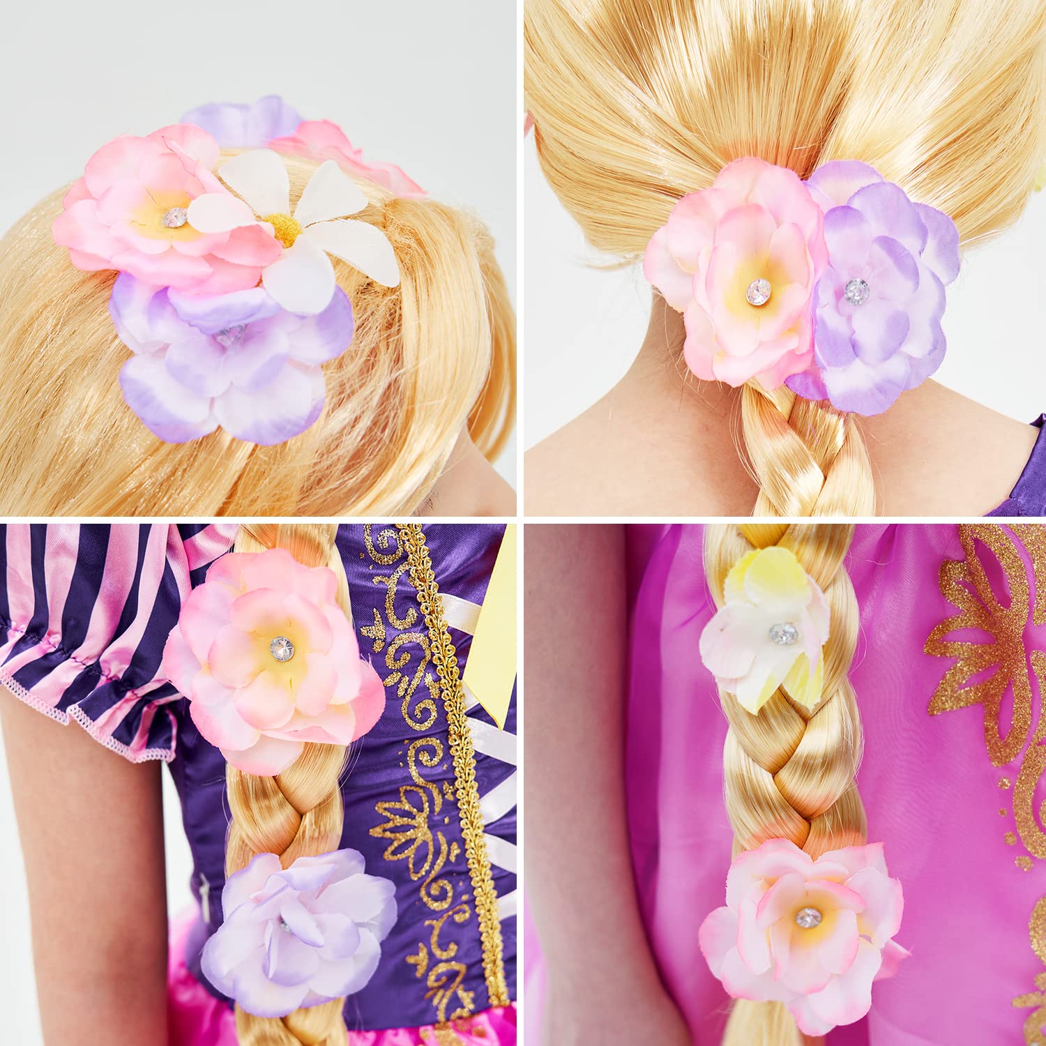 Peluca súper larga de princesa Rapunzel con flores, 29 pulgadas, pelucas sintéticas rubias trenzadas para disfraz, cosplay, cuento de hadas, Halloween, Navidad, fiesta de cumpleaños 6