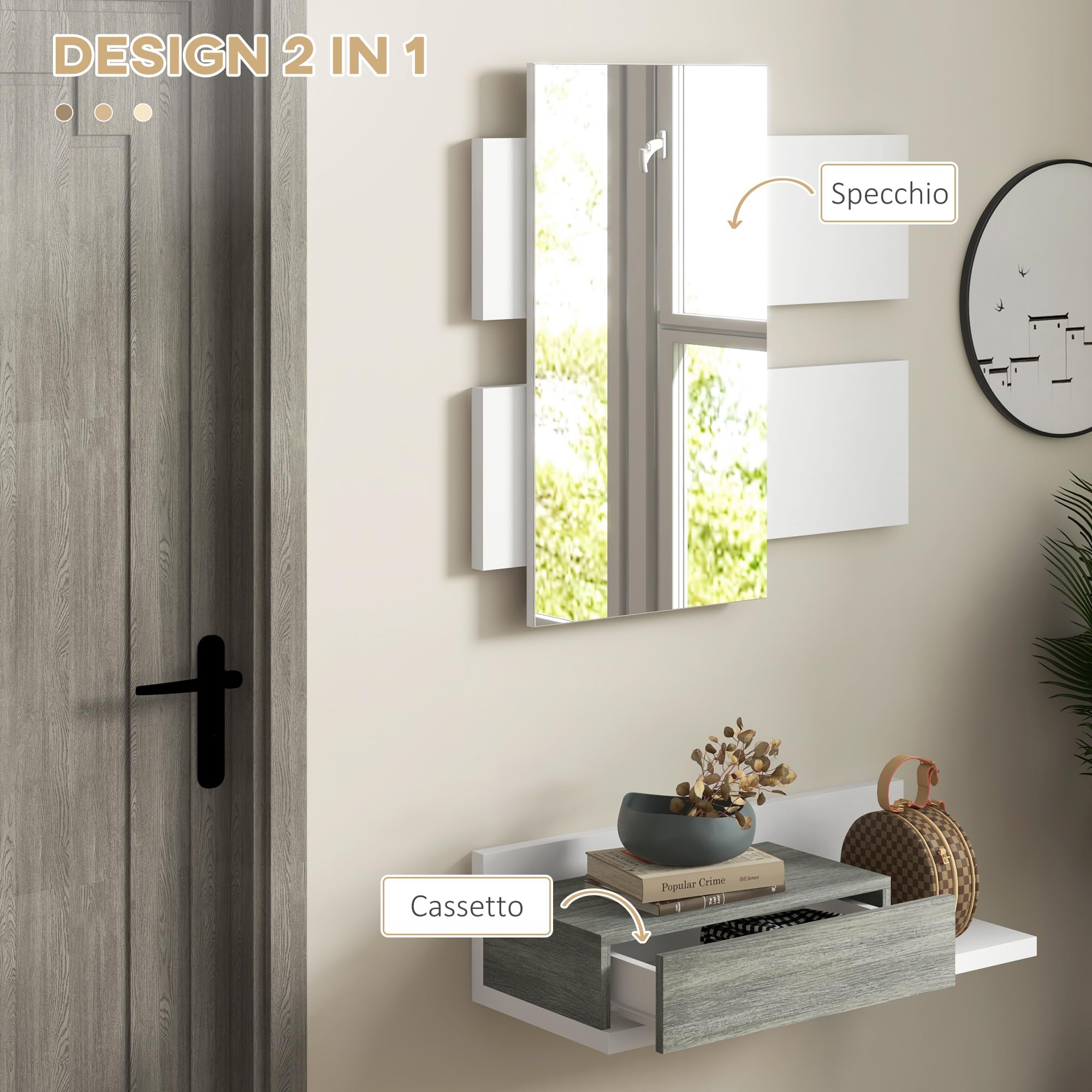 HOMCOM Mobile da Ingresso 2 in 1 con Specchio da Parete 75x3.5x75 cm e Cassetto 75x30.5x20 cm, Set da Ingresso in MDF e Vetro, Grigio e Bianco