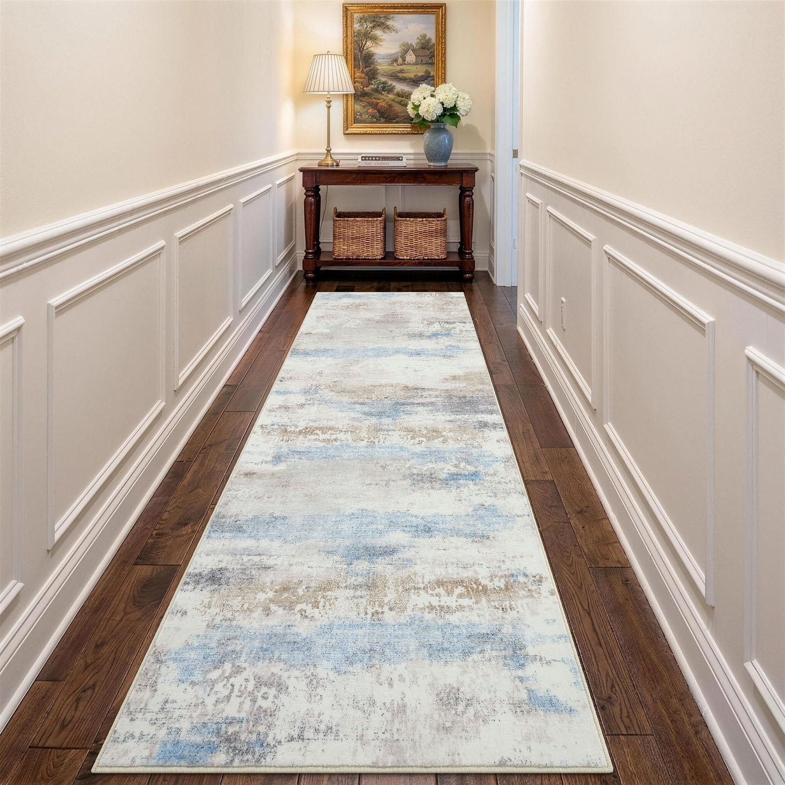 Homaxy Modern Abstract Runner Rugs Living Room 60 x 240 cm Beige&Blue