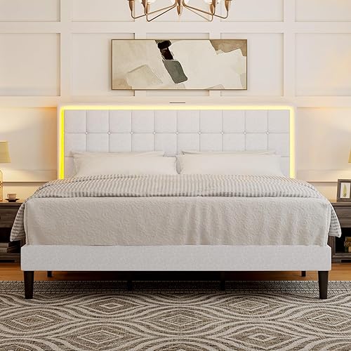 Miniatura 14 de Base de cama tamaño King con cabecera LED, plataforma tapizada con botones de lino con estación de carga USB, fuerte soporte de listones de madera,