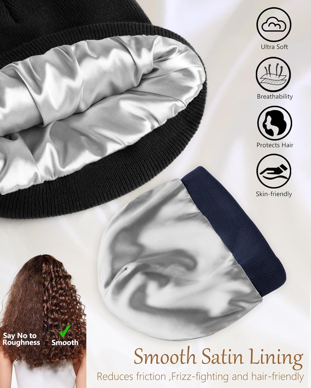 Satin Lined Beanie for Women Men, Cotton Knit Winter Hat Silk Lining Soft Warm Cuffed Fisherman Beanies Hats Skull Cap - Image 2