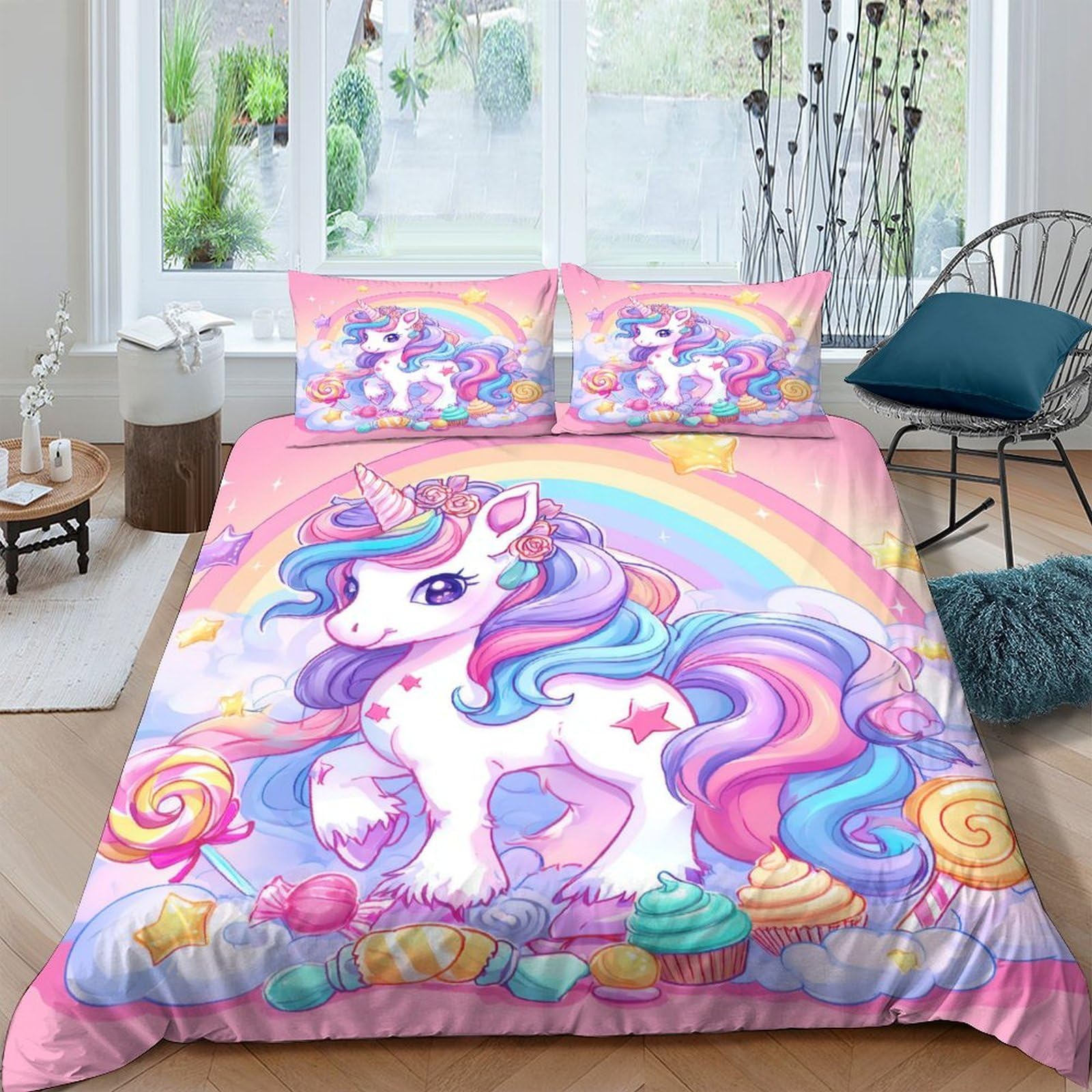 Ctjqhvkz Style-1 3D Printed Unicorn Rainbow Fitted Sheet Microfiber Soft Anti-Slip Bed Sheet For Bedroom Guest Room Decor Easy Care Single（135X200cm）