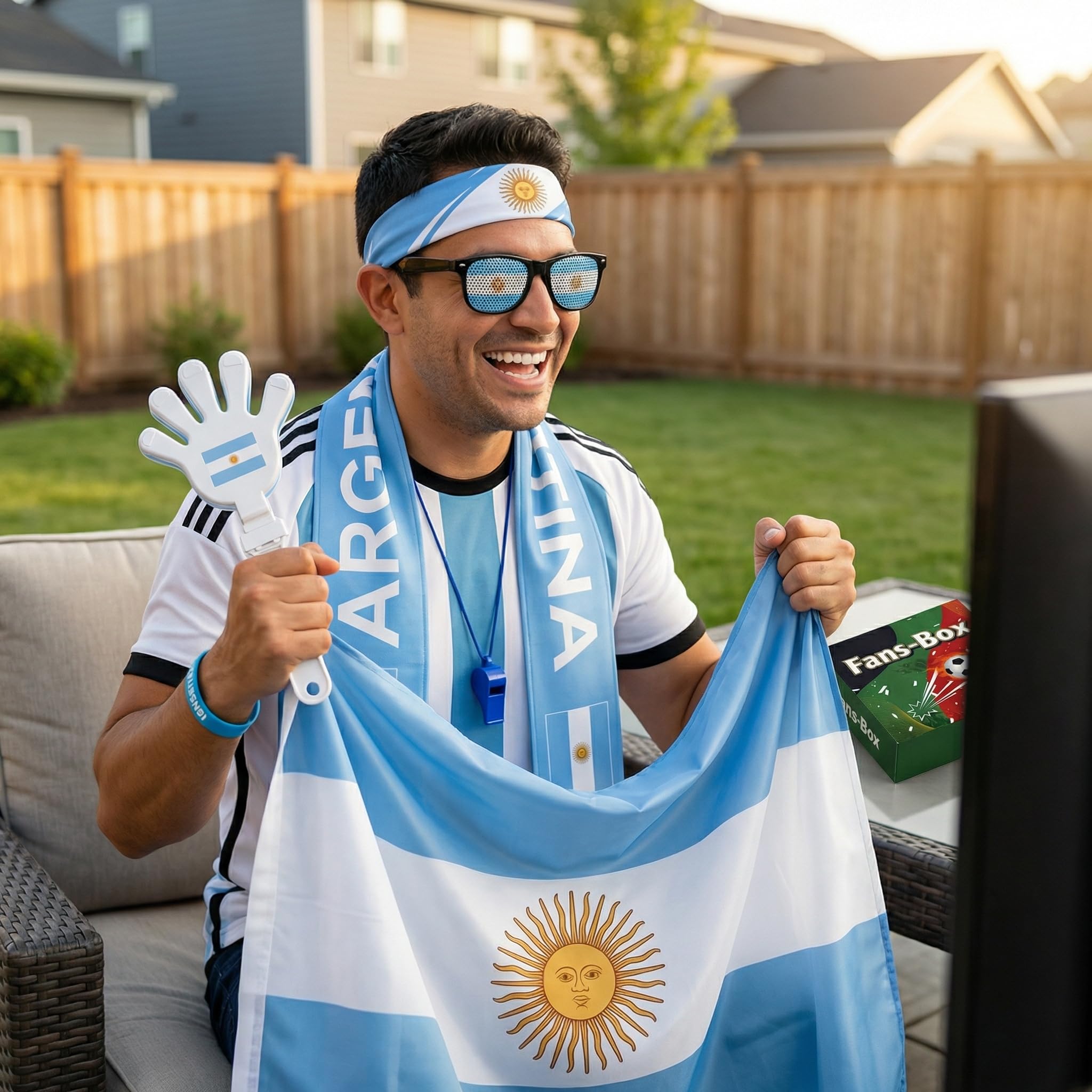 Soccer Fan Gear Set 2026-7 Piece Game Day Kit with Flag, Scarf, Glasses, Whistle, Clapper, Wristband & Headband in Gift Box - Watch Party & Stadium Essentials for Argentina - 5