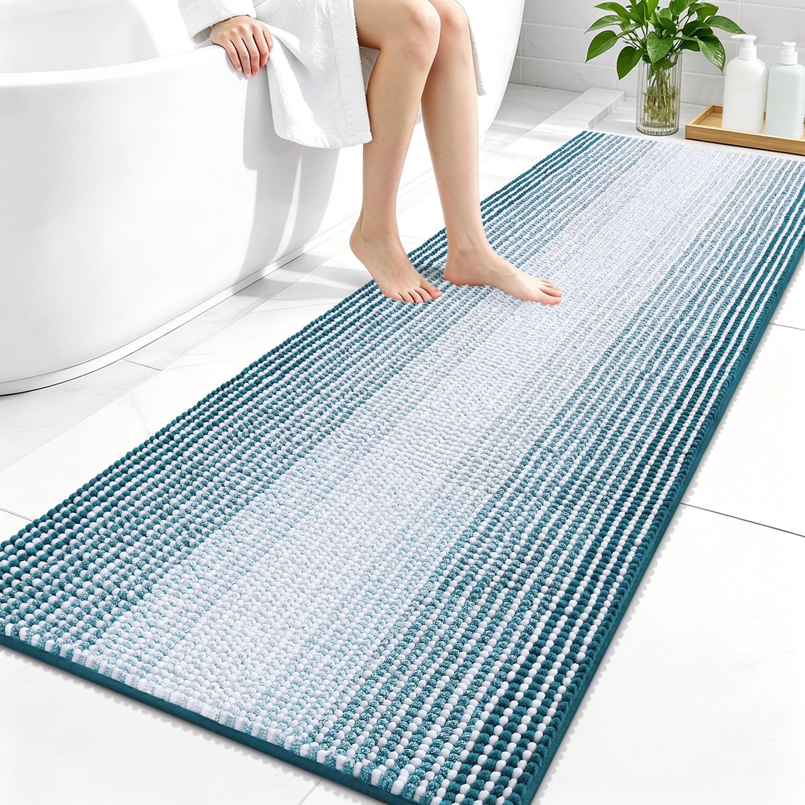 OLANLY Bathroom Runner Rugs 59x24, Chenille Striped Bath Rugs, Peacock Blue