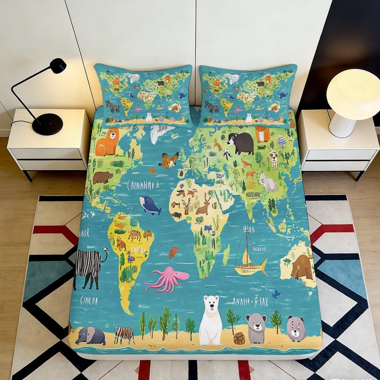 3D Printed World Map Animal Fitted Sheet Microfiber Soft Anti-Slip Bed Sheet for Bedroom Dorm Mattress Protection 180x200x25cm