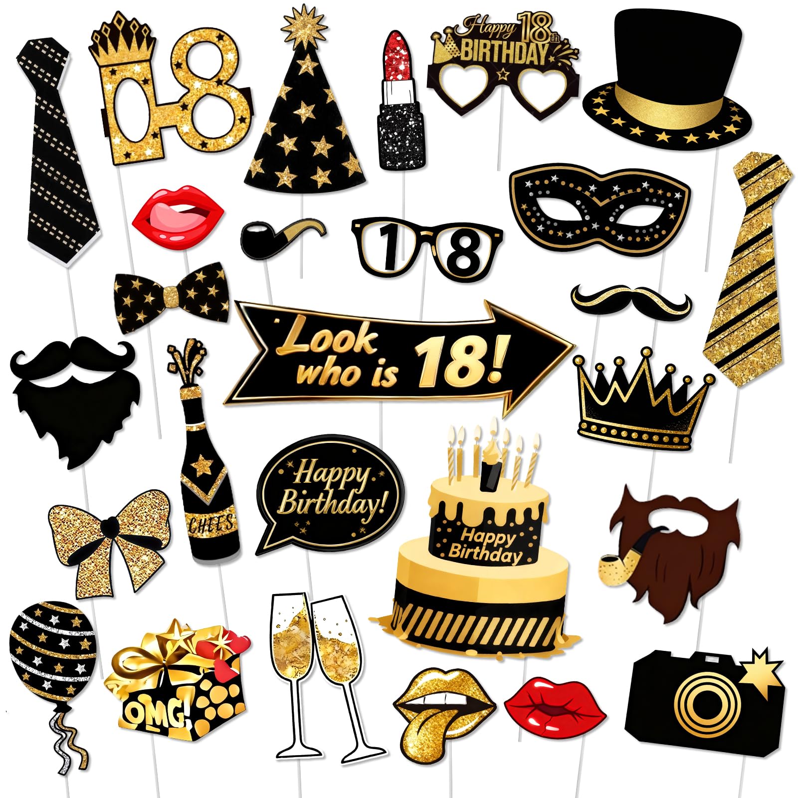 G2PLUS 18th Birthday Photo Booth Props: 32pcs Black and Gold Party Props, 18th Birthday Decorations for Men and Women