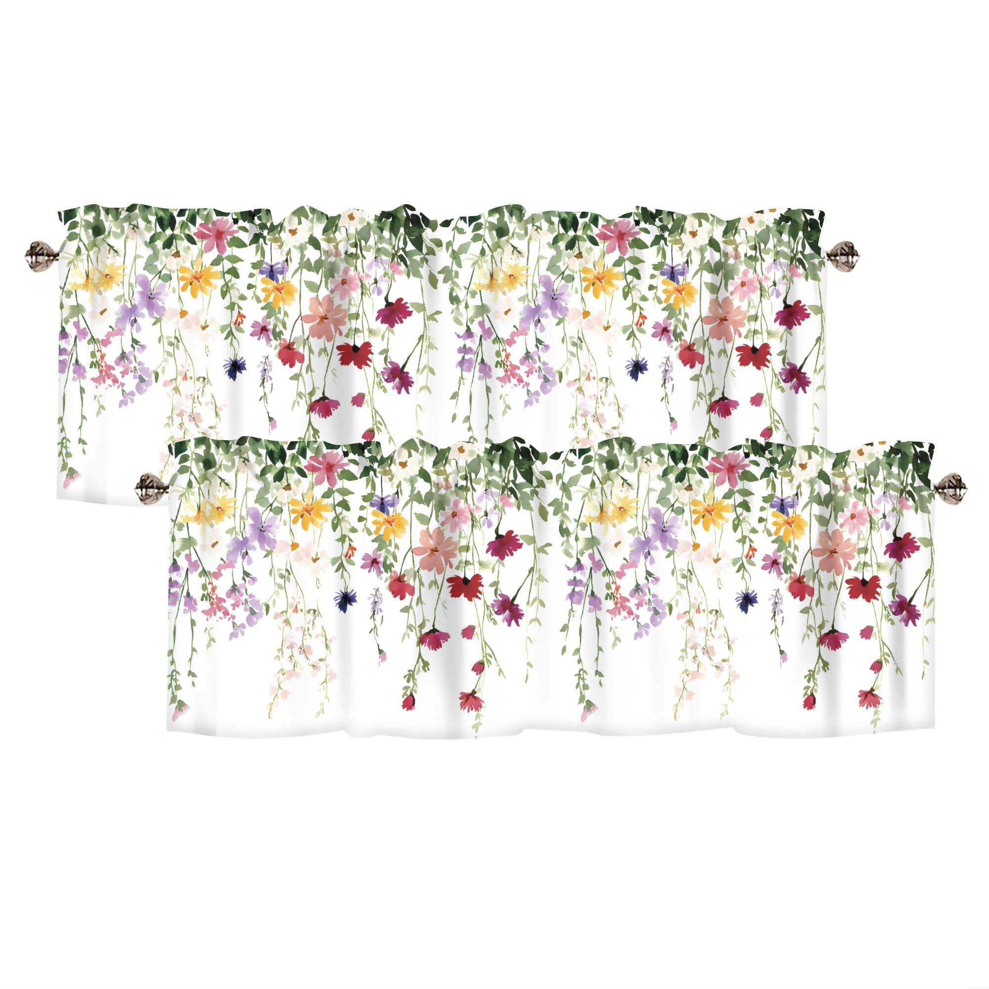 Spring Wildflowers Curtain Valance for Windows Floral Pink Rod Pocket Window Treatments 2 Panels Short Curtains for Kitchen Windows Bathroom Bedroom,54 x 18 Inch
