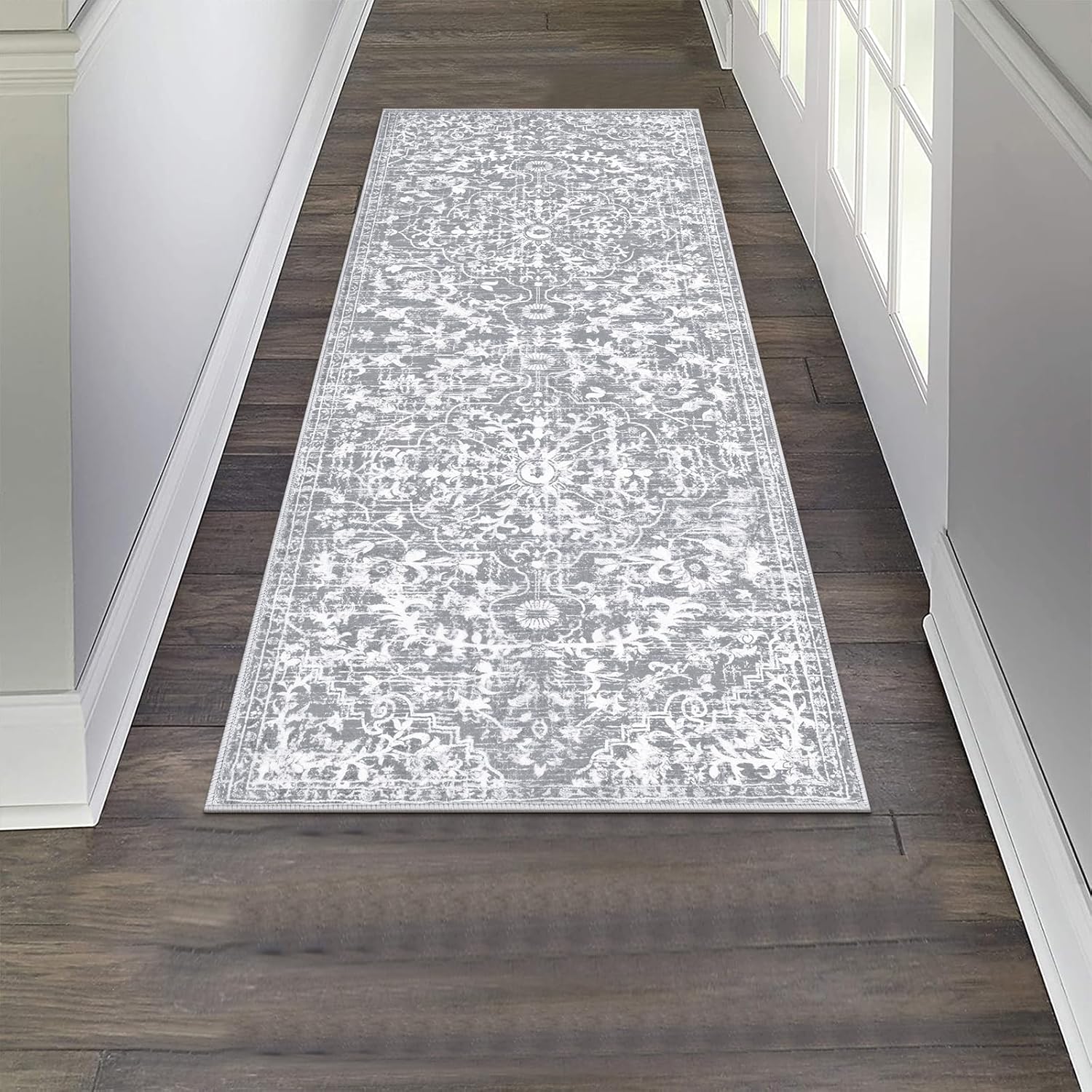 Pauwer Hallway Runner Rug 2x5 Washable Rugs Runner Non Slip Carpet Runner Boho Farmhouse Vintage Throw Area Rugs for Hallway Kitchen Entryway Laundry Room Bedroom Bathroom, Grey White