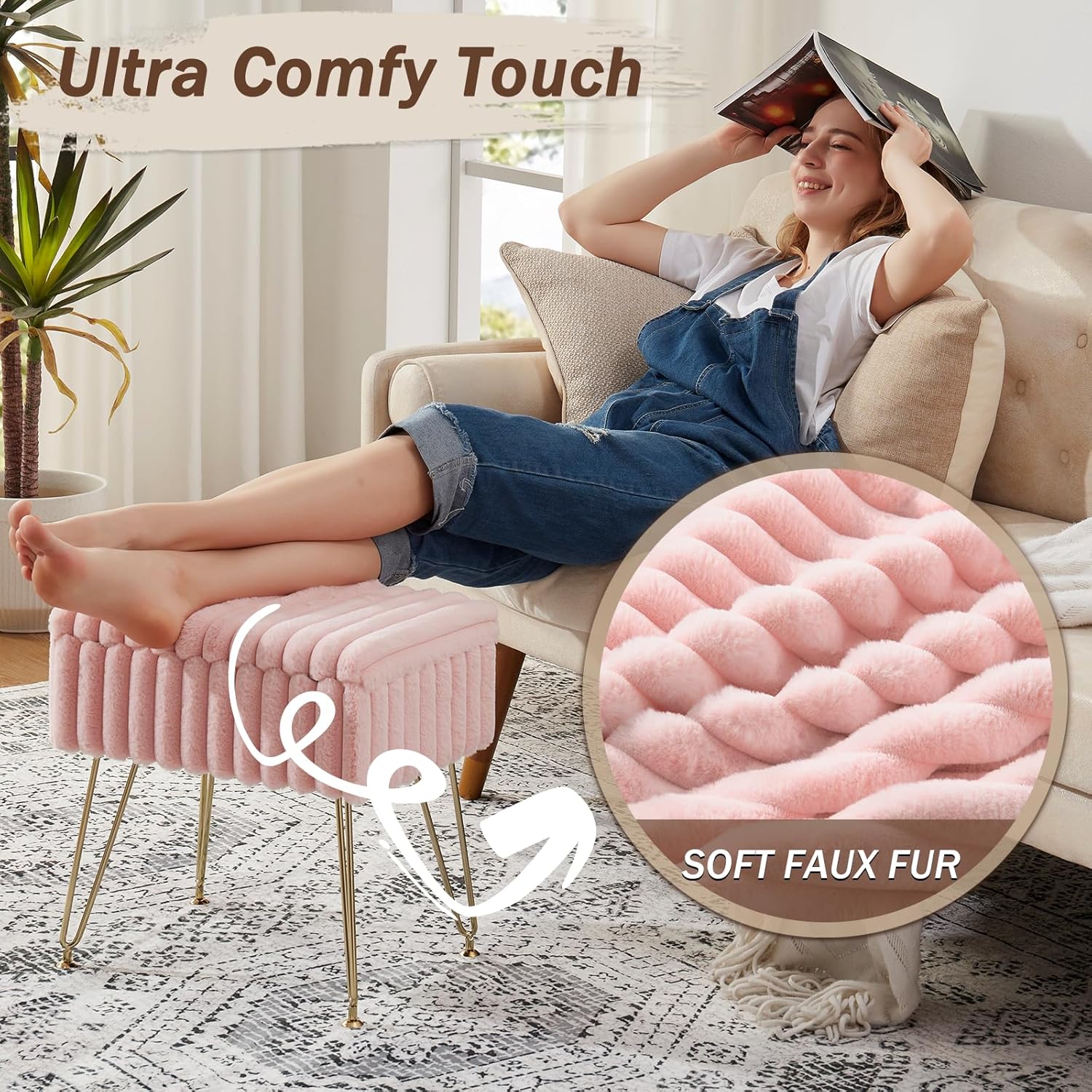 EBENCHICO Vanity Stool Chair with Storage, Faux Fur Stools for Vanity Makeup, Foot Stool Ottoman with 4 Metal Legs, Small Vanity Bench Seat Chairs for Living Room Bedroom