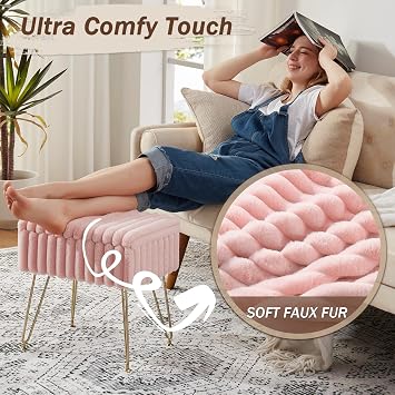 EBENCHICO Vanity Stool Chair with Storage, Faux Fur Stools for Vanity Makeup, Foot Stool Ottoman with 4 Metal Legs, Small Vanity Bench Seat Chairs for Living Room Bedroom