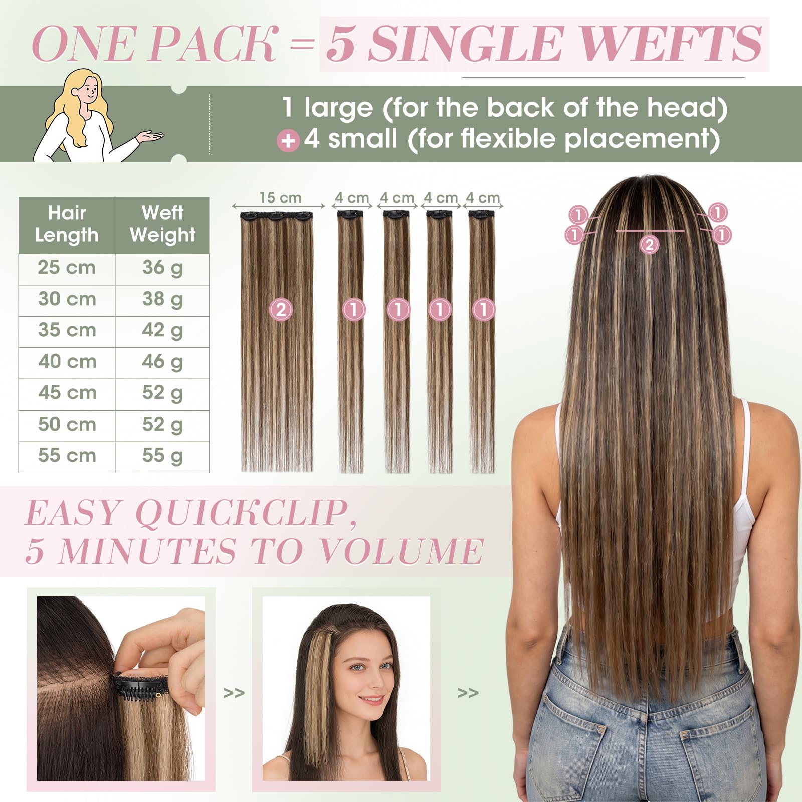 Elailite Extension Capelli Veri Clip Naturali 5 Ciocche Singole con Silk Lace 30cm 38g per Volume/Mèches #4/27 Marrone Cioccolato/Biondo Scuro