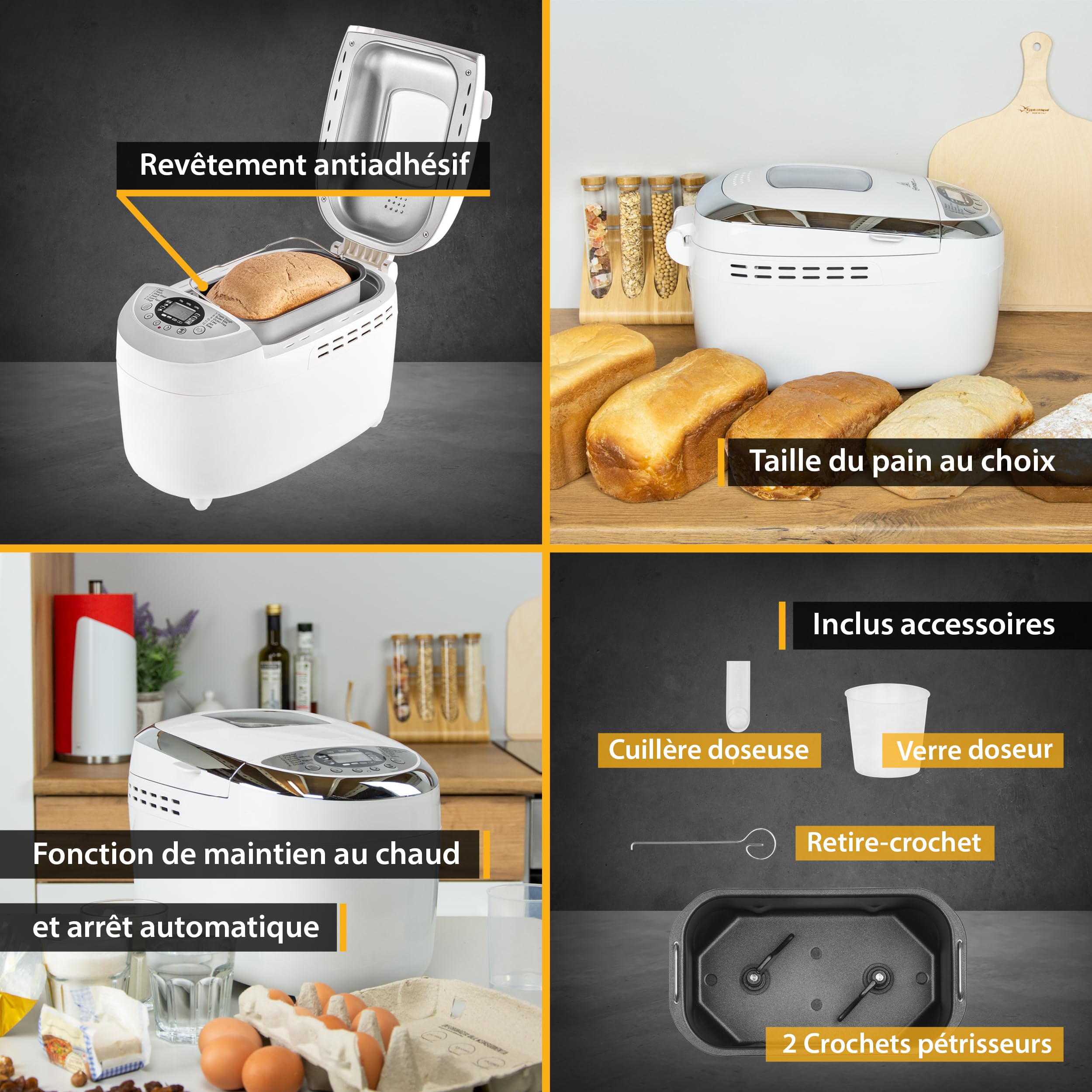 TZS First Austria - Machine à pain avec 12 programmes automatiques 850W - Pétrin électrique de 700-1250g - Avec hublot, minuterie, accessoires et fonction de maintien au chaud - Blanc
