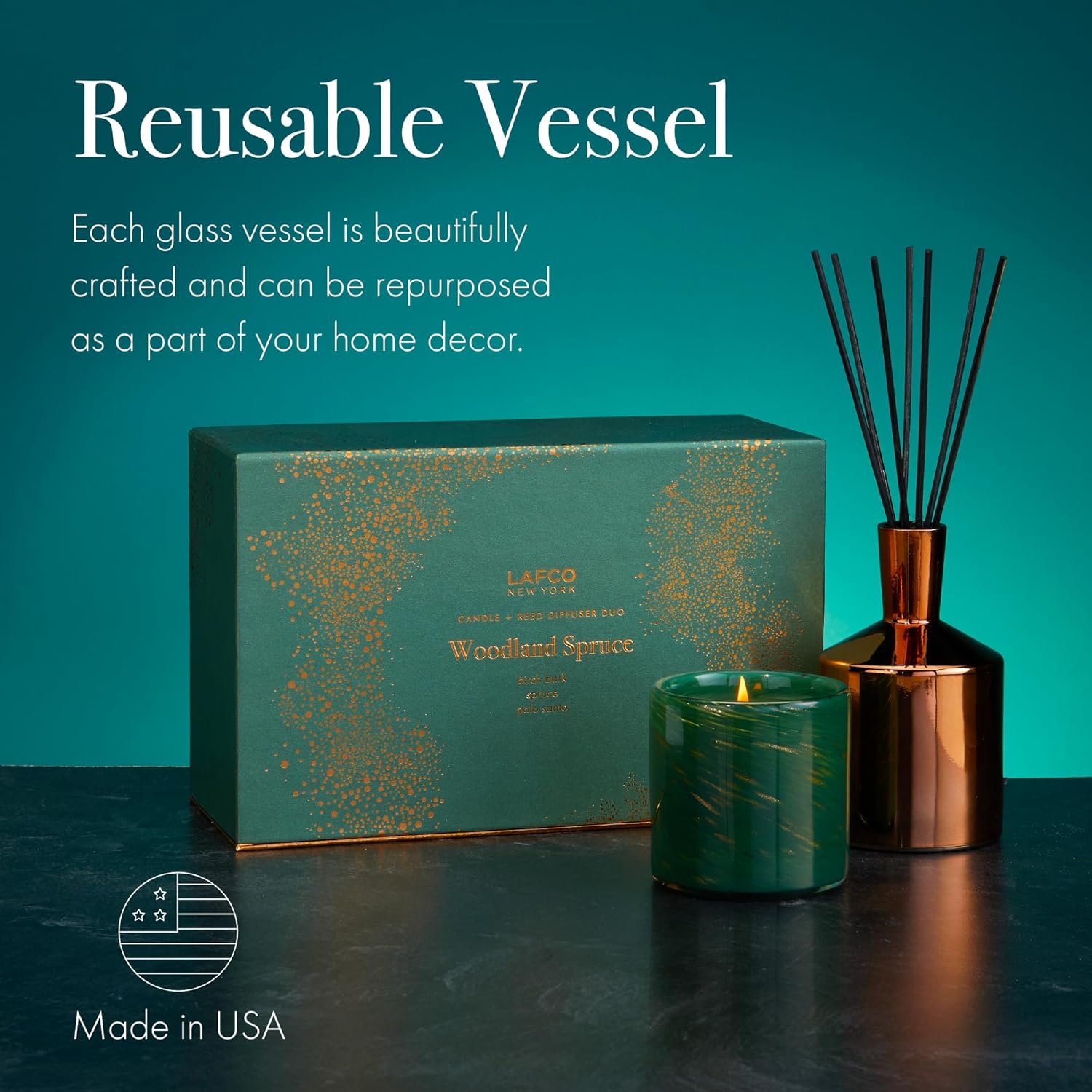LAFCO New York Woodland Spruce Classic Candle & Diffuser Holiday Gift Set - Reusable Glass Vessels - Made in the USA