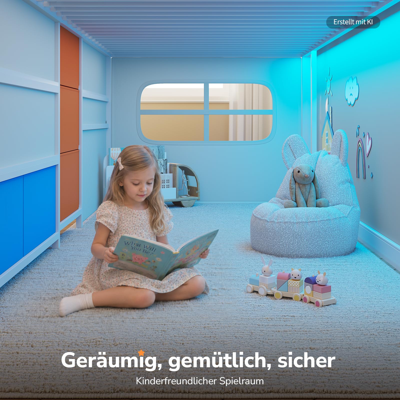 Kinderhochbett 90x200,Weiß+Gelb+Blau | LED-Licht, Schreibtisch, Stauraum, Spielhöhle. 4-in-1: Schlafen, Lernen, Stauraum, Spielen