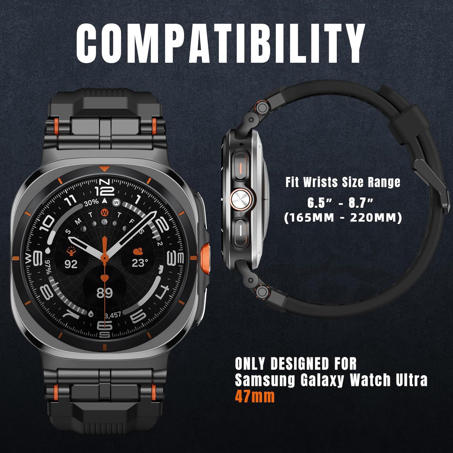 Bandletic Liquid Silicone Bands Compatible with Samsung Galaxy Watch Ultra Band 2025 2024 47mm for Men - Soft Rugged Sport Strap with Stainless Steel Buckle - Black Band with Black Connector - Image 6