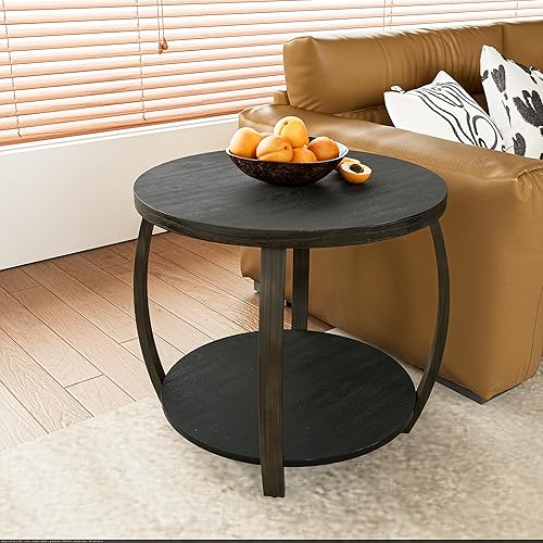 Miniatura 11 de Mesa auxiliar de tambor para sala de estar, mesa auxiliar redonda de mediados de siglo con almacenamiento, mesa auxiliar circular de 2 niveles, mesa