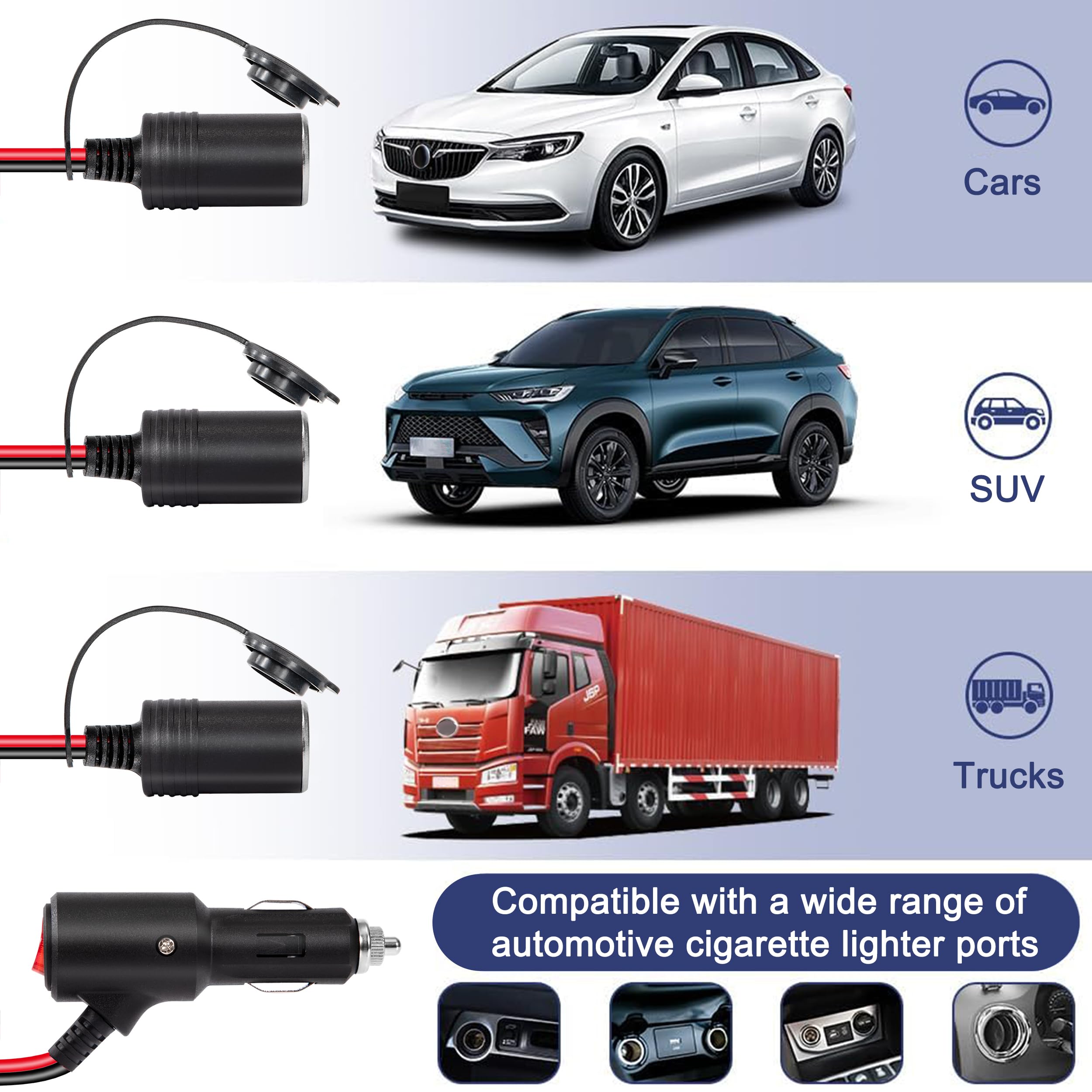 Przedłużacz samochodowy 12 V do gniazda zapalniczki samochodowej, 4 m, przedłużacz, wtyczka 16 AWG, kabel z przełącznikiem i bezpiecznikiem 15 A, adapter 12 V/24 V