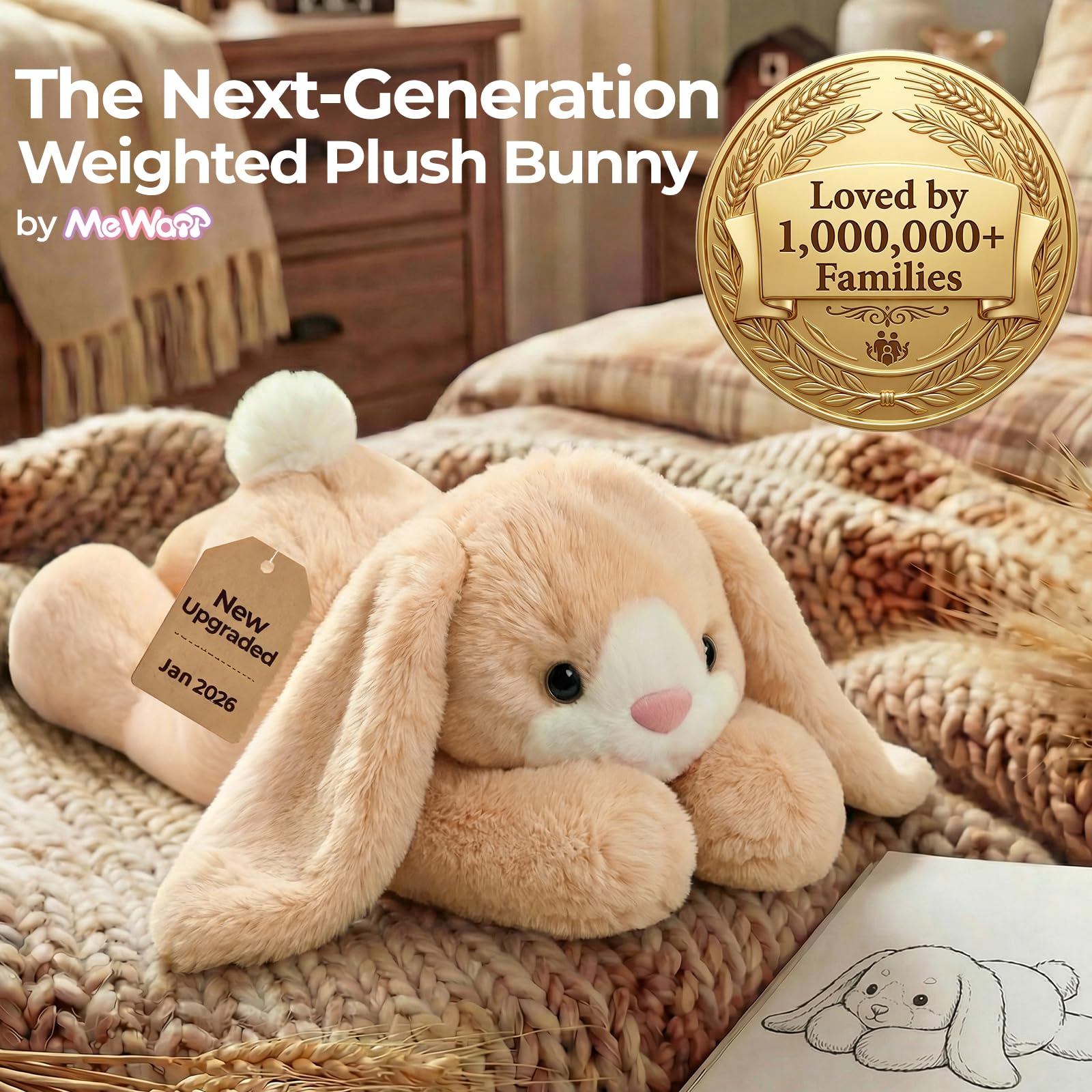 Mewaii Peluche Conejo Blanco Tumbado, 2,4 kg, Cojín Térmico | Animal de Peluche 58 cm, almohadilla extraíble, microondas/enfriable, abrazo envolvente, regalo para niñas y adolescentes