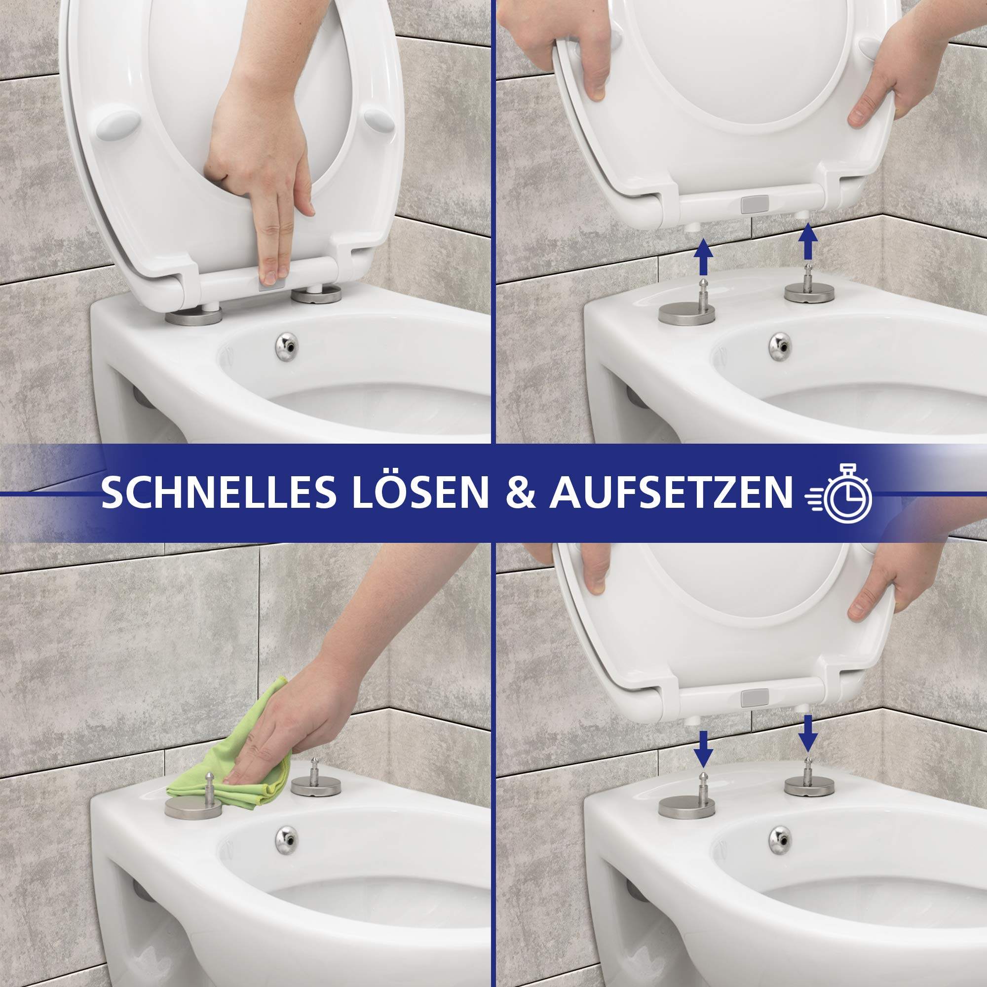 VILSTEIN Toilettendeckel mit Absenkautomatik, Edelstahl Befestigung | Abnehmbar, Softclose, Toilettensitz Klodeckel Klobrille WC Sitz in Weiß