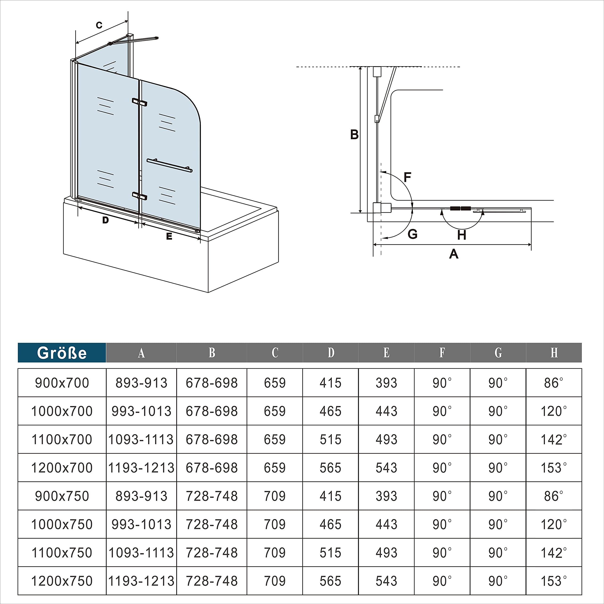 Mamparas de Bañera Cristal Plegable 2 Hojas Pivotante con Toallero 6MM Cristal Antical Con Pantalla Fija 120X70X140CM