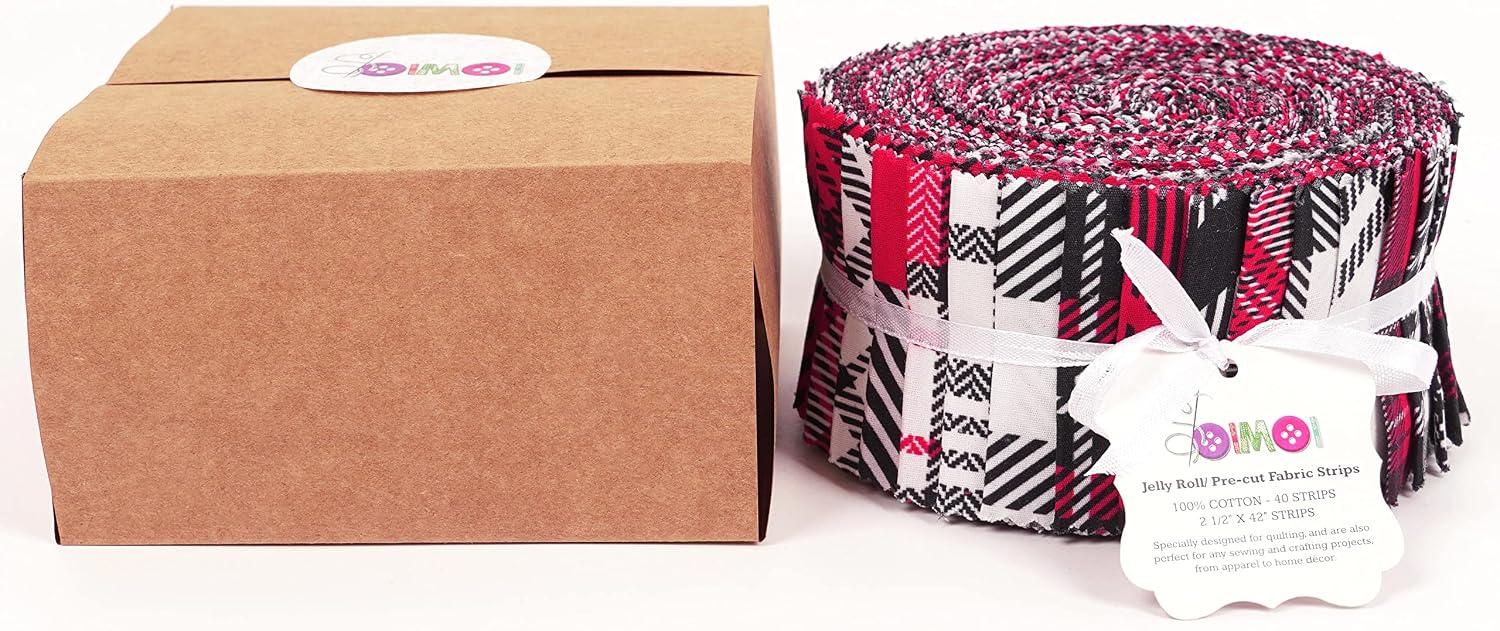 Soimoi 40Pcs Check & Tartan Print Cotton Precut Fabrics for Quilting Craft Strips 2.5x42inches Jelly Roll - Red & Black