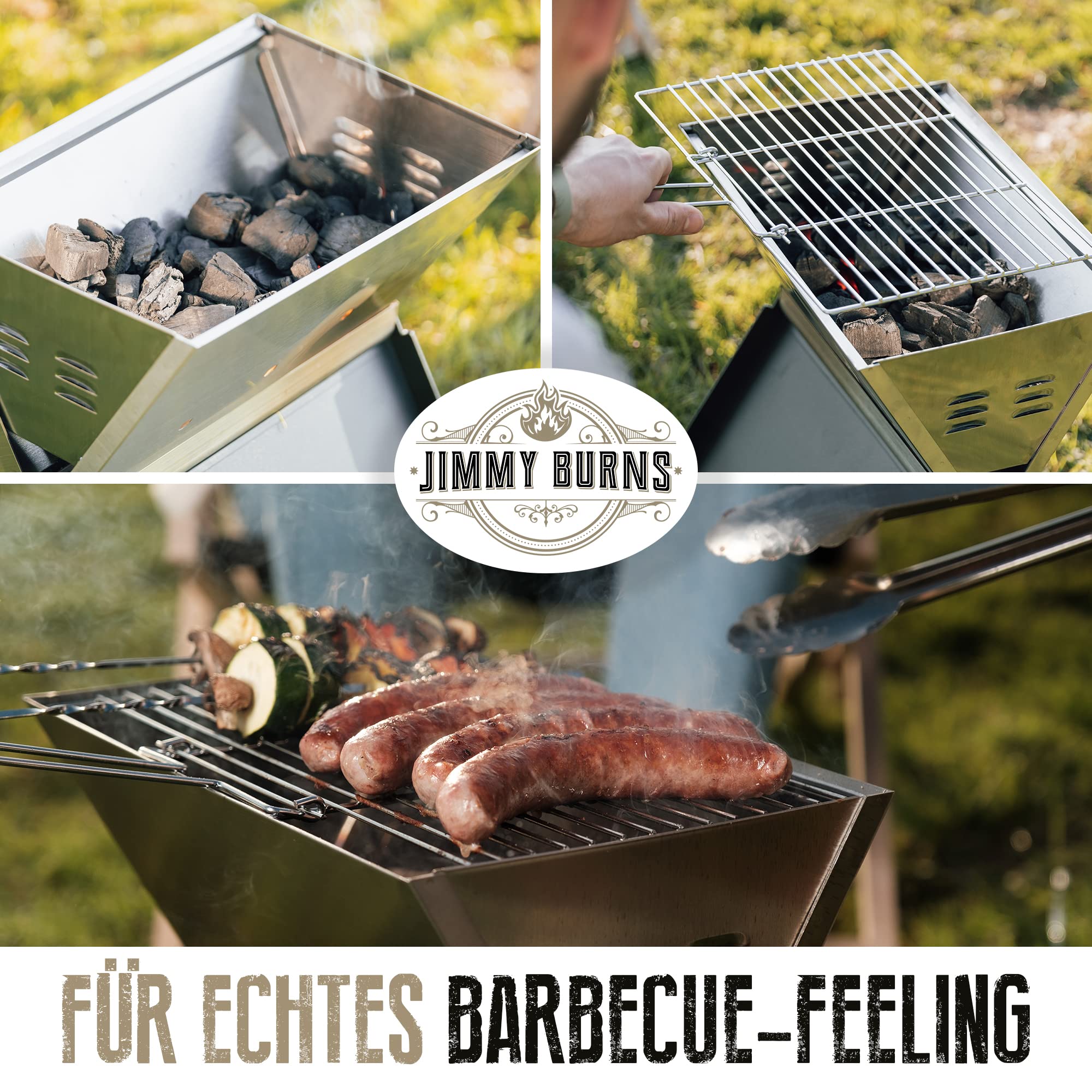 JIMMY BURNS Campinggrill Holzkohle Edelstahl | [Notebook Design] | für 2-4 Personen | Barbecue Klappgrill für Camping, Outdoor, Reise, Festival, Picknick | inkl. Grill Zubehör