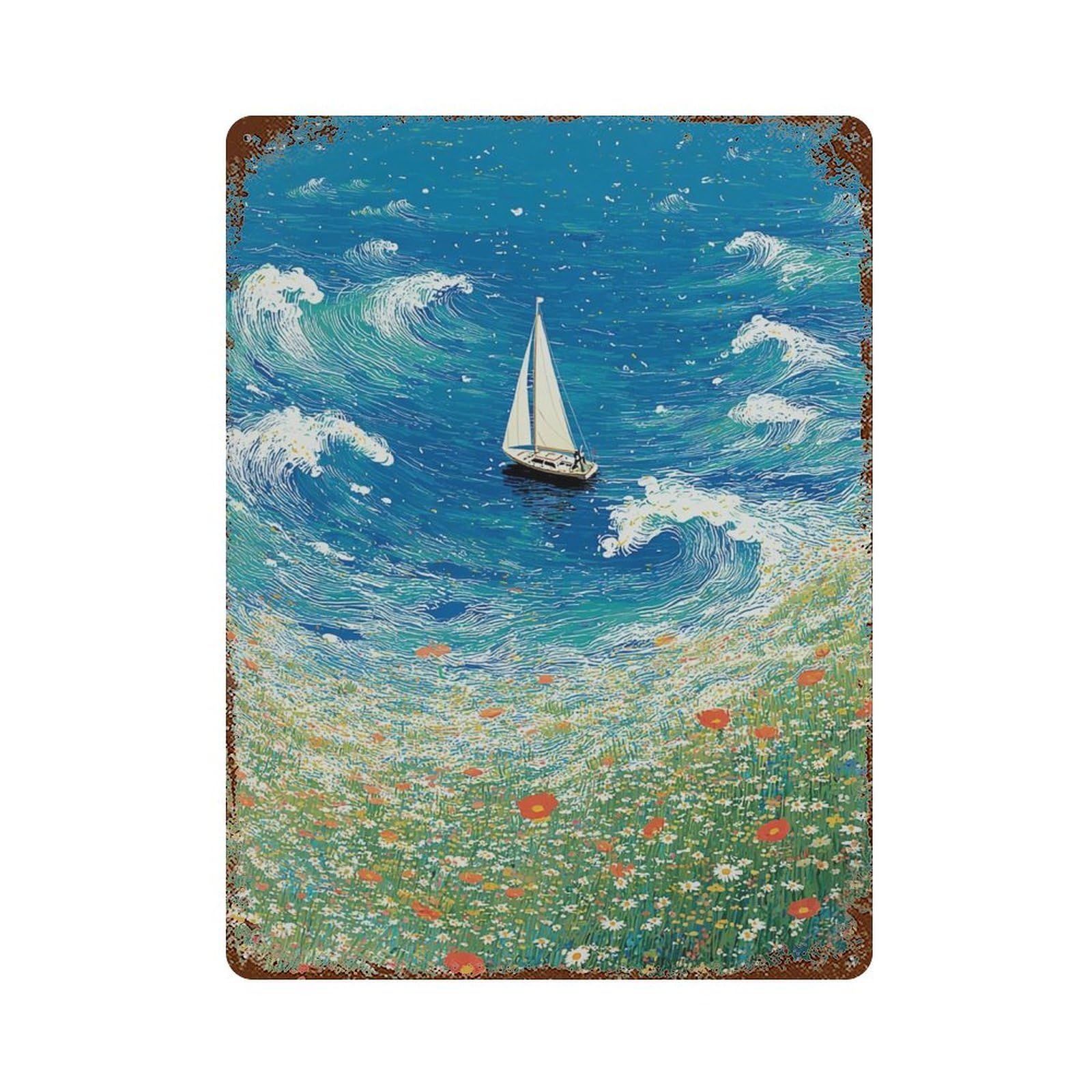 xiaoxiaoshen Sailboat Seascape Blue Coastal Ocean Landscape Bright Nature Modern Impressionis Wall Decor Art Metal Tin Poster Modern Home Decor Art Home Bar Shop Decorations Vintage Sign 40x30cm