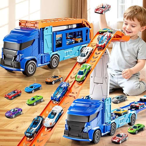 XINNOVEL Truck Toys Car Track Set for 3 4 5 6 Years Old Boys, Carrier Truck Transporter Car Race Track with 12 Die-Cast Racing Car Toys, Birthday Gifts for Toddlers Kids Girls Age 3 4 5 6 7 8