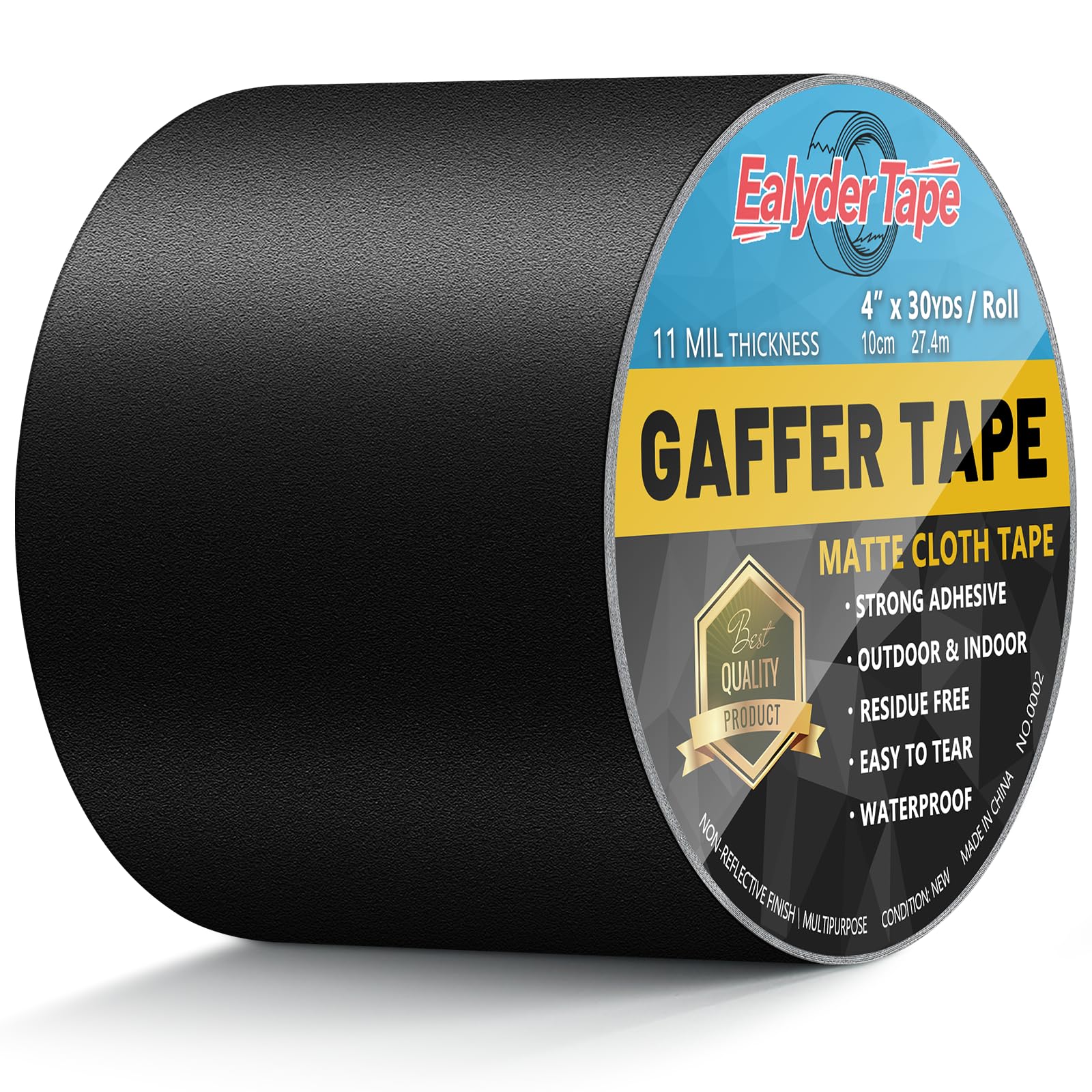 Photo 1 of Ealyder Tape Black Gaffers Tape 4 Inch x 30 Yards - Heavy Duty, Waterproof, No Residue, Non-Reflective, Easy Tear Gaffers Stage Tape - Multipurpose