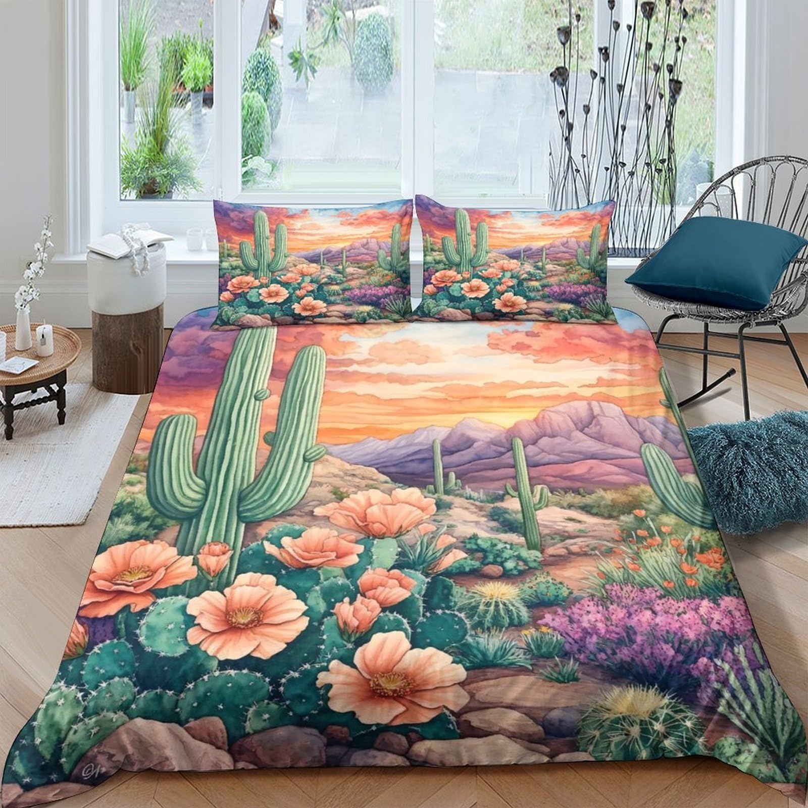 Ctjqhvkz Style-8 3D Printed Desert Sunset Fitted Sheet Microfiber Floral Cactus Bed Cover For Bedroom Guest Room Decor Easy Care Single（135X200cm）