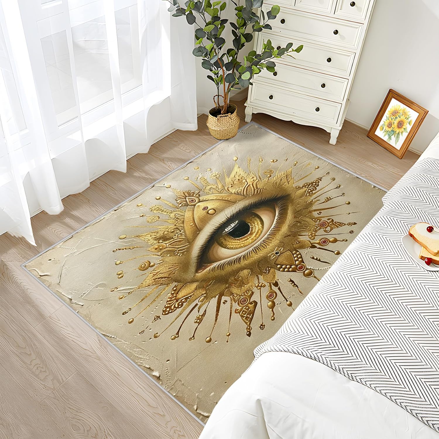 Mandala Rug Small - 2x3 Rug, Golden Eye Area Rug, Boho Spiritual Washable Non Slip Soft Rugs, Hippie Aesthetic Carpet, Luxury Gold Home Decor, Mandala Gifts for Women