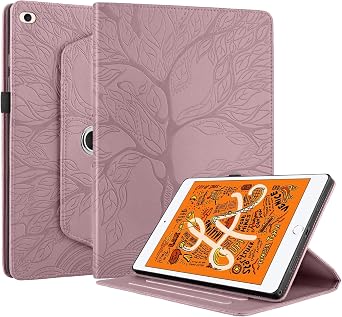 iPad mini 5 Rotating Case, iPad mini 1/2/3/4/5th Generation Case PU Leather Folio Stand Cover Flip Shell with Pen Holder for Apple iPad mini 7.9 inch- Rose Gold