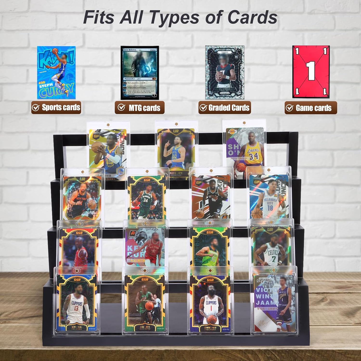 4-Tier Graded Trading Baseball Football Sports Card Display Case,Wooden Card Display Stand,Exquisite Trading Card Display for Card Game Collection - Image 4