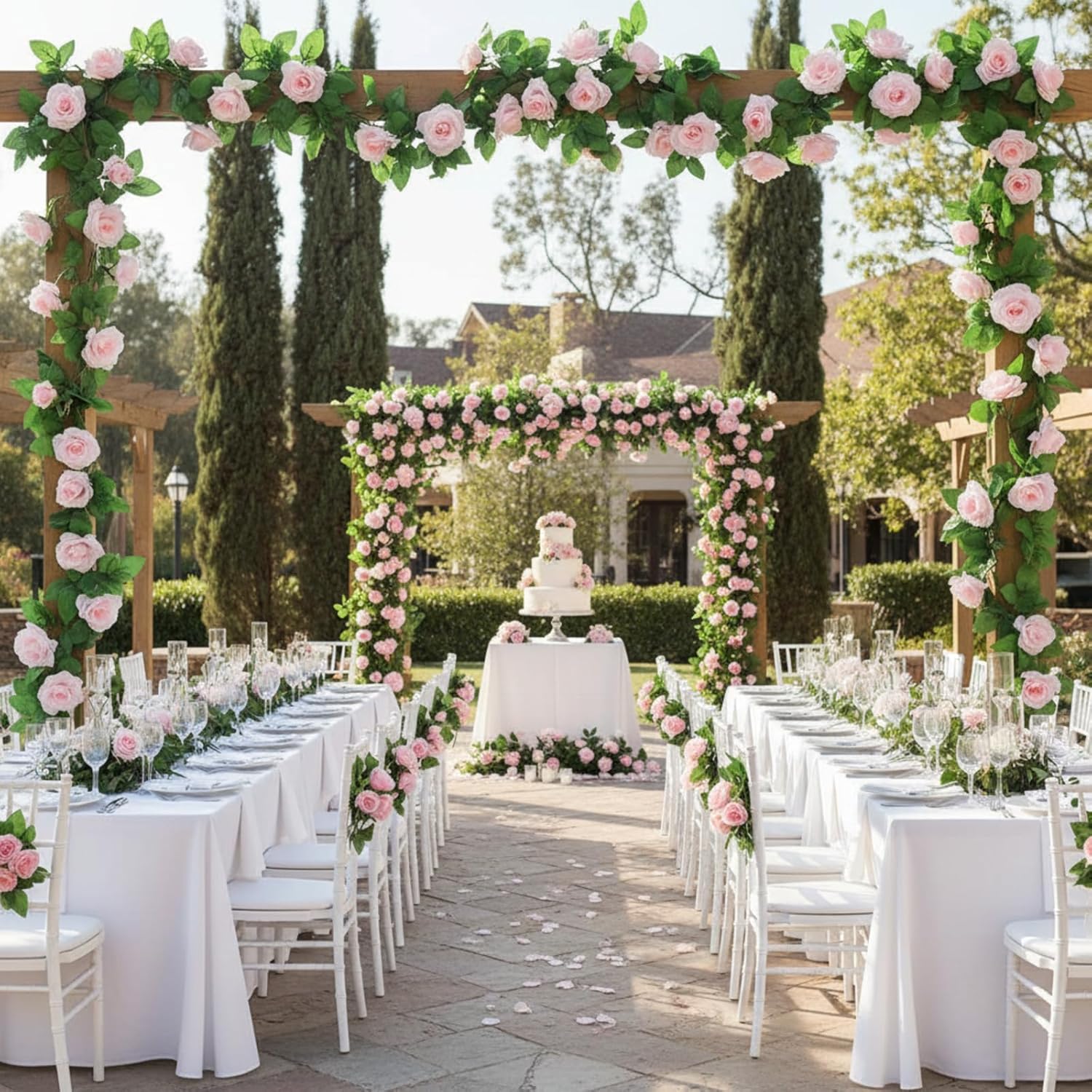 Suncalla 10 Pack 82ft Rose Garland Artificial Rose Flowers Vine with Green Leaves Hanging Fake Floral Garland Vine for Wedding Birthday Wall Garden Table Centerpiece Room Arch Decor(Pink Color)