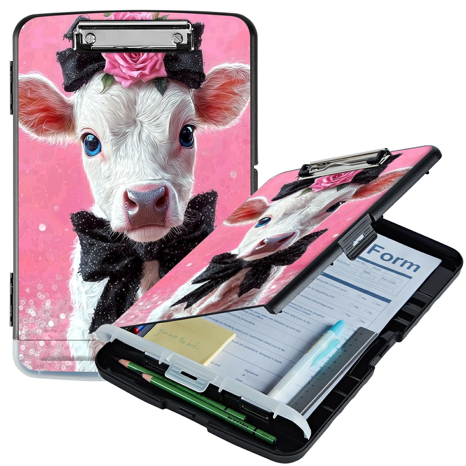 RWUTYTIUL A4 Clipboard with Storage Pen Holder, Clipboards Organizer Nursing Clipboard Foldable File Folder Plastic Clipboard Folio Clip Board for Office Work Classroom Doctor, Pink Flower White Cow