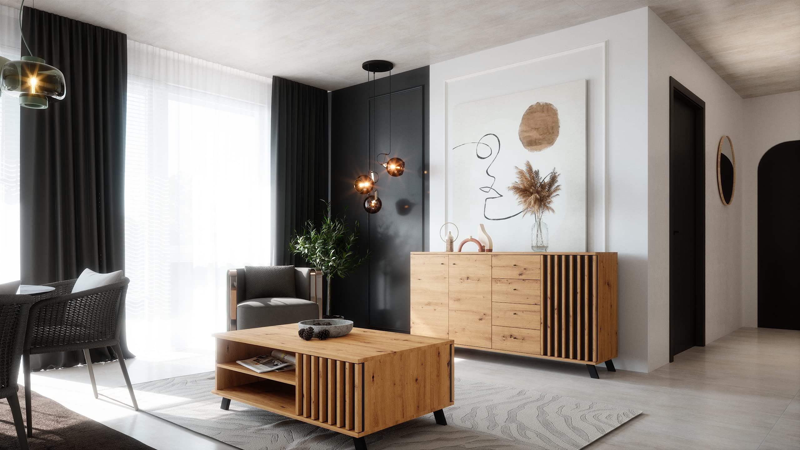 Newroom Sideboard Wildeiche Anthrazit Sideboard Modern Vintage - 160x85x40 cm (BxHxT) - Highboard Anrichte - [Barea.Three] Wohnzimmer Schlafzimmer Flur Esszimmer