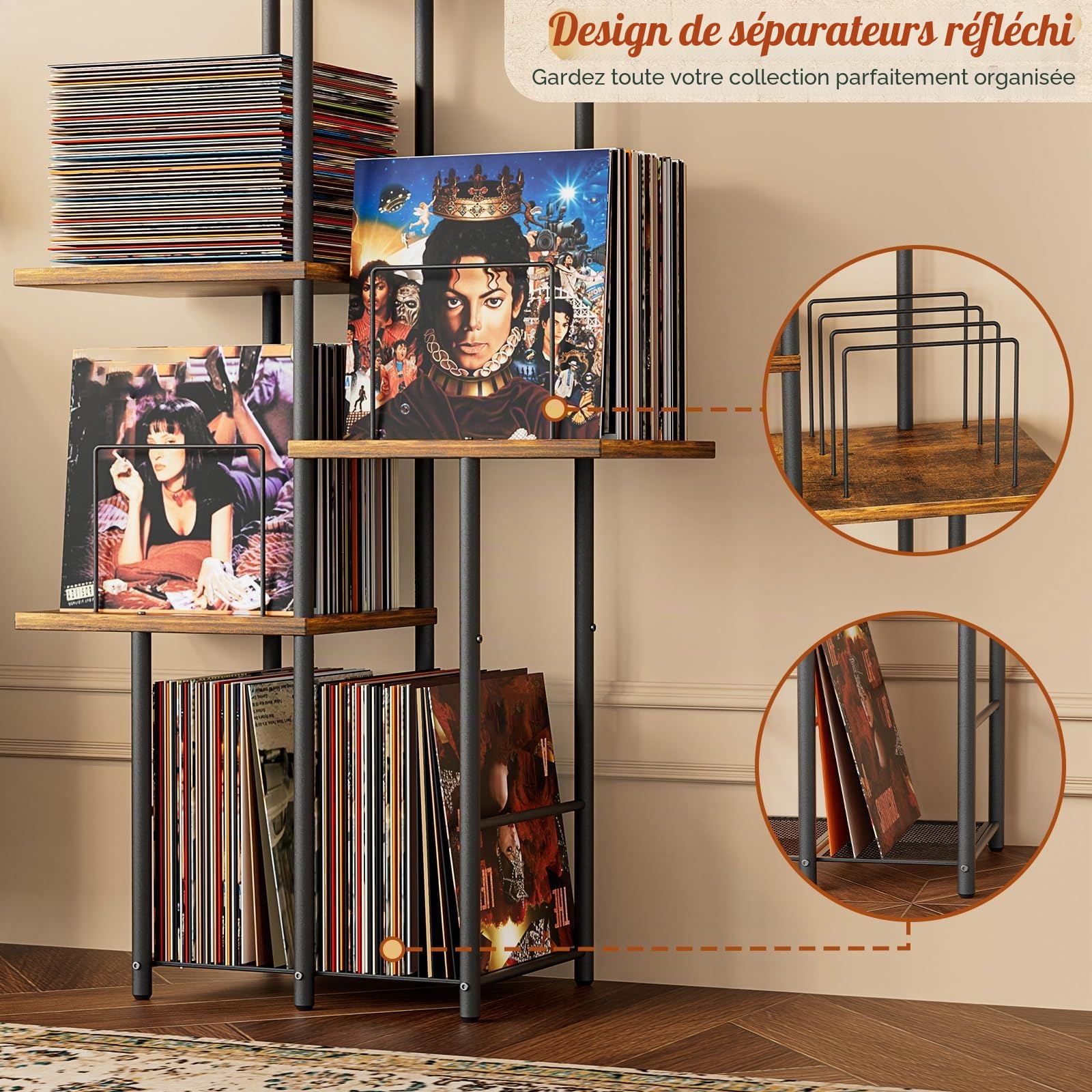 Bikoney Meuble pour Platine Vinyle avec Rangement, Étagère d’Affichage pour Disques, Support Table pour Platine avec Organisateur de Vinyles, Meuble Vintage en Bois Style Mid-Century, Console Haute