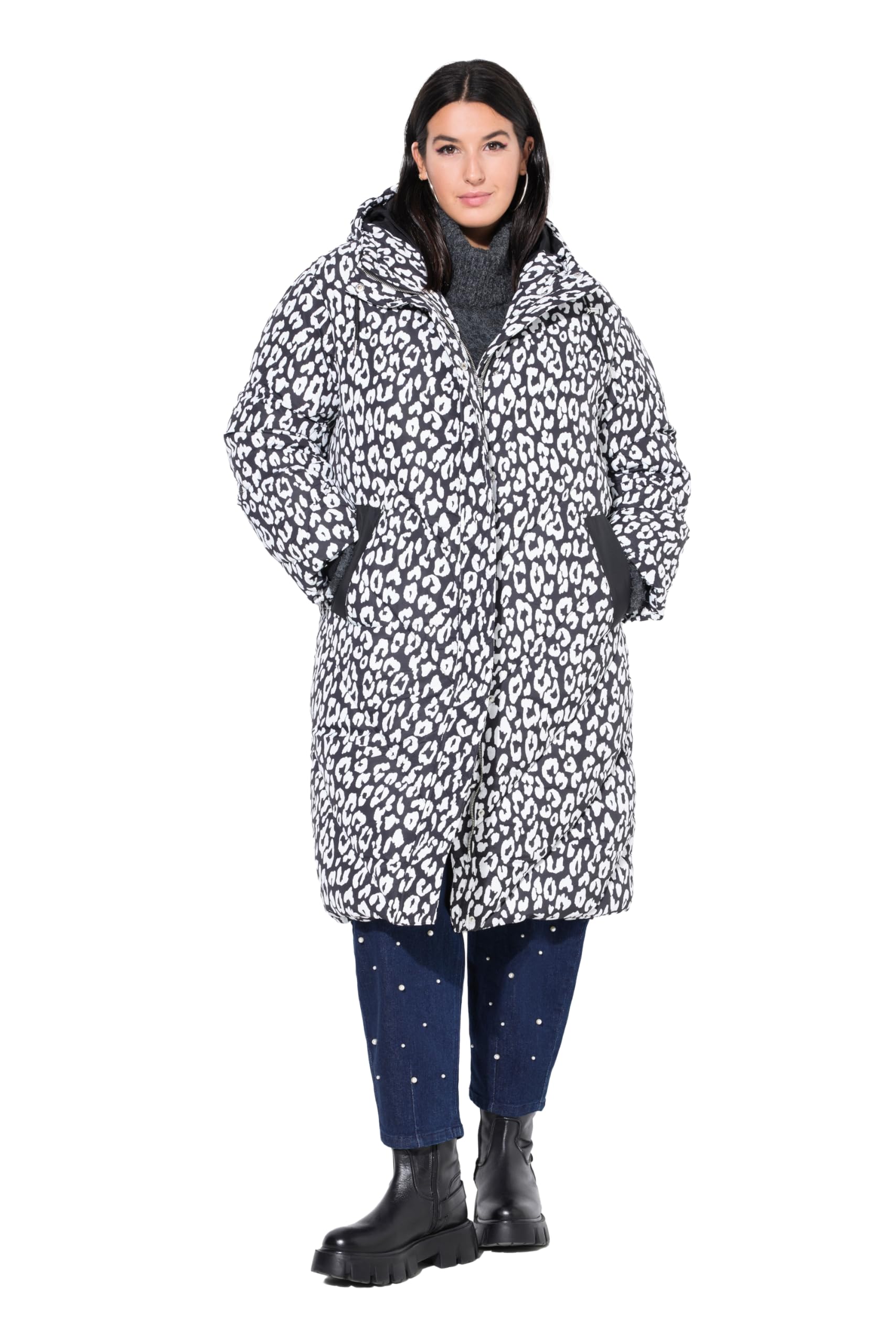 Studio Untold Damen große Größen Übergrößen Plus Size Steppmantel, Leo-Muster, 2-Wege-Zipper, Kapuze 845362