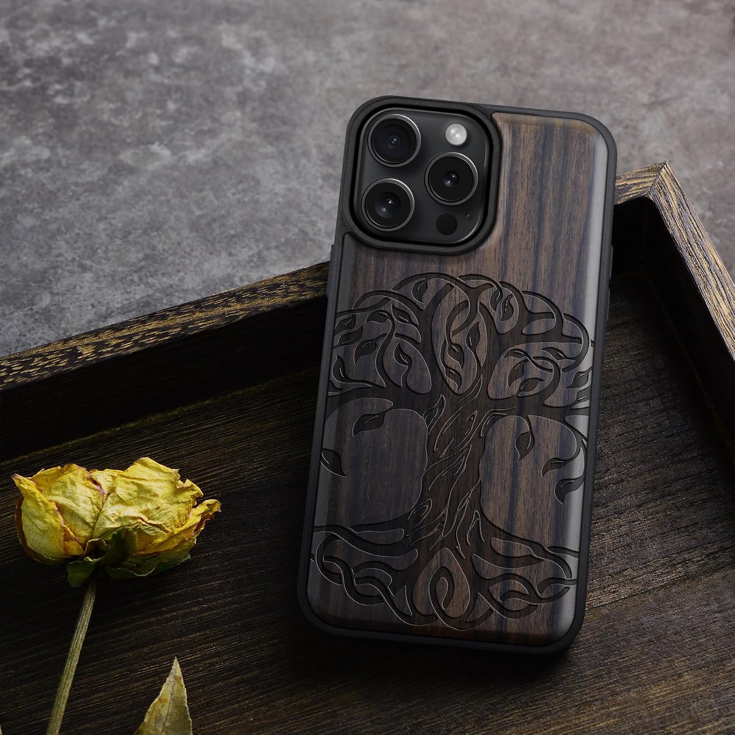 Carveit Magnetic Wood Case for iPhone 16 Pro Case [Solid Wood & Black Soft TPU] Shockproof Protective Cover Unique Wooden Case Compatible with magsafe (The Celtic Tree of Life -Blackwood)